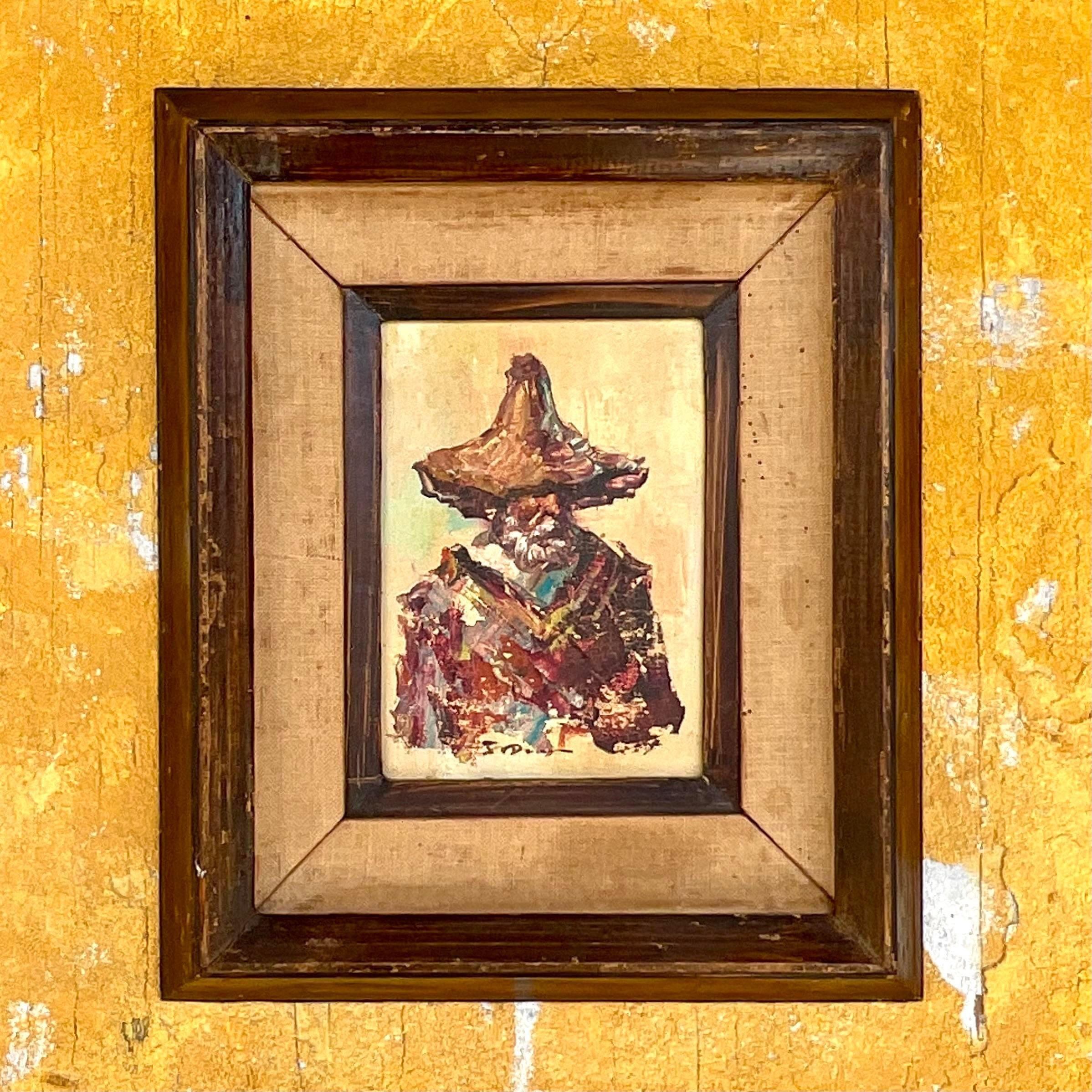 Vintage Boho Original Oil Painting on Board (Textil) im Angebot