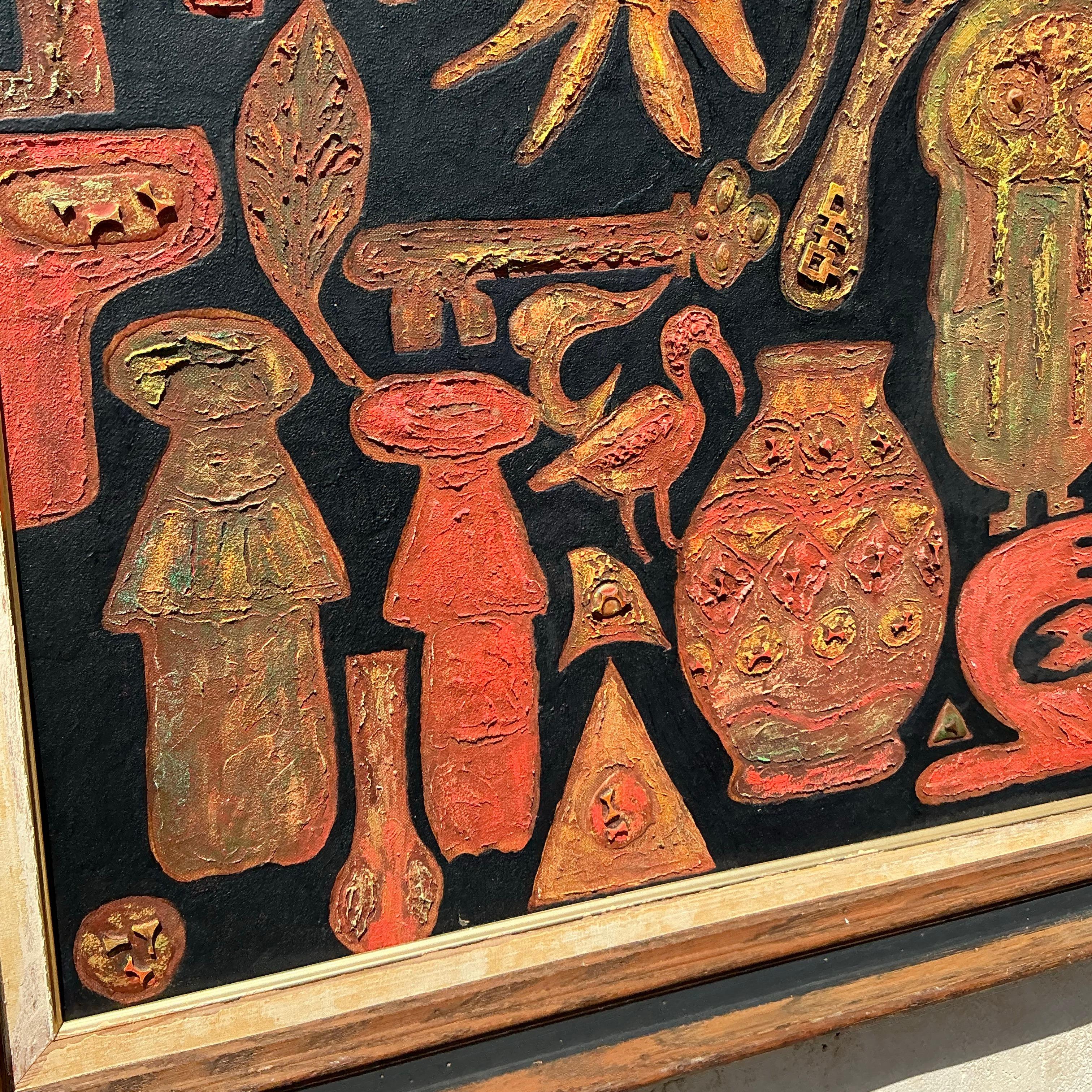 Wood Vintage Boho Original Oil Painting on Board For Sale