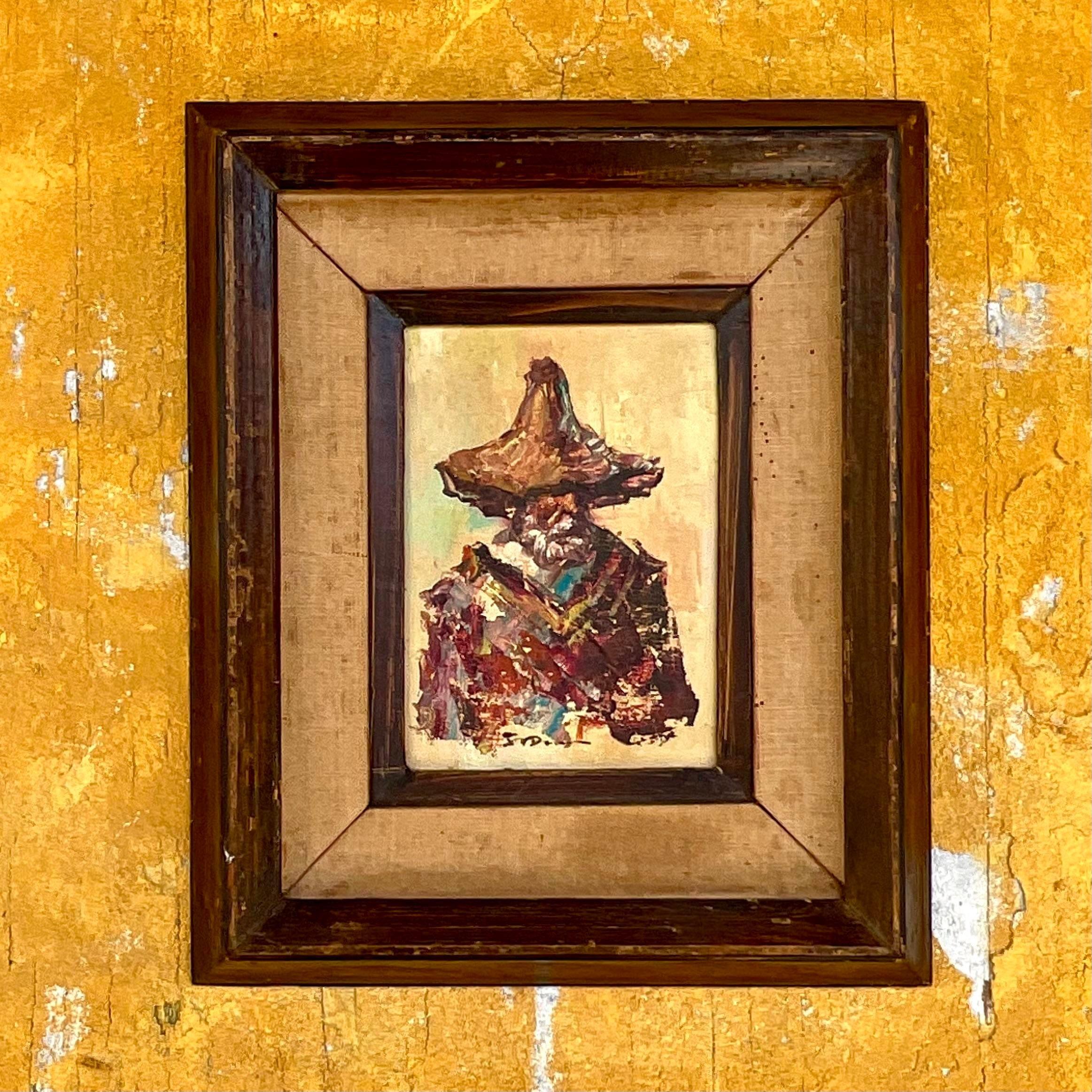 Vintage Boho Original Oil Painting on Board im Angebot 1