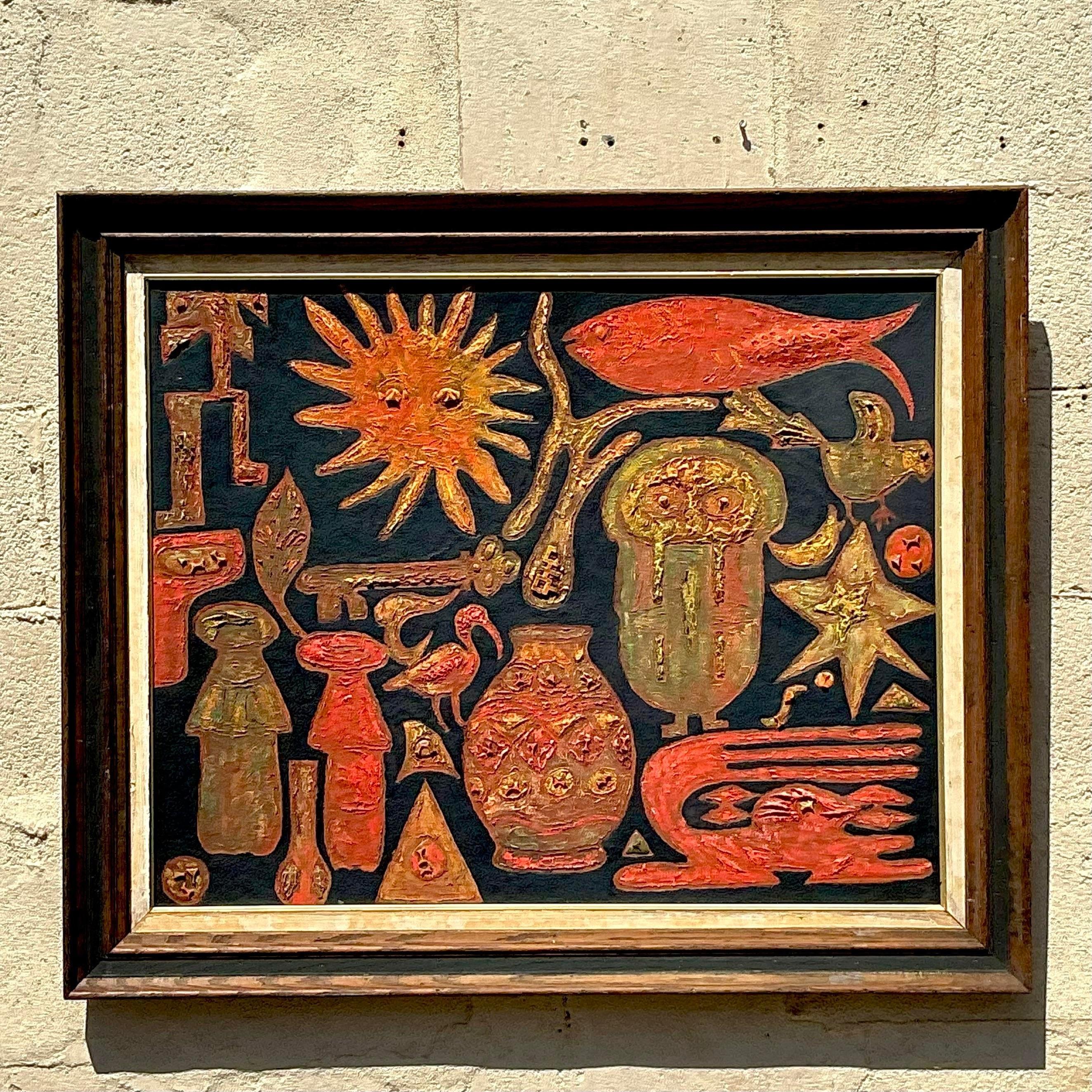 Vintage Boho Original Oil Painting on Board For Sale 1