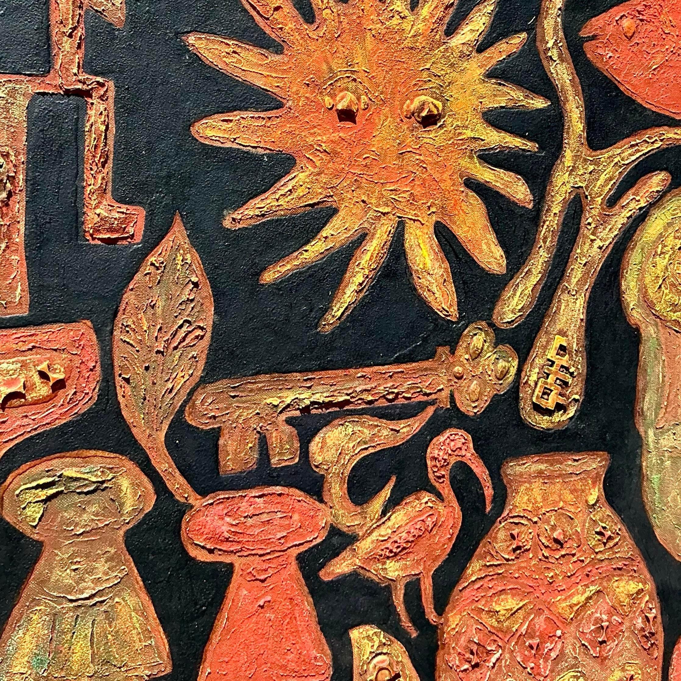 Vintage Boho Original Oil Painting on Board For Sale 2
