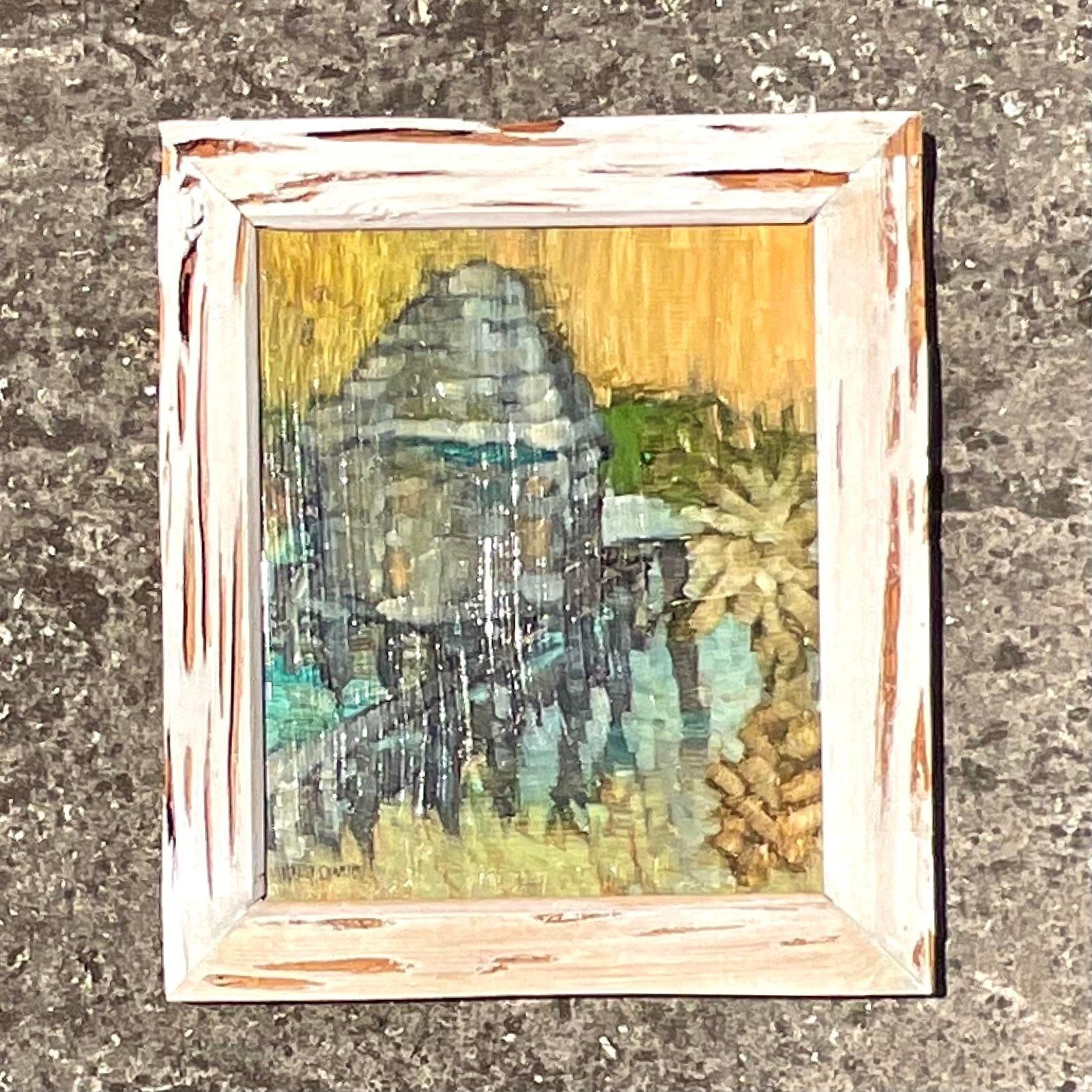 Peinture à l'huile originale de Boho sur panneau avec cadre cyprès Bon état - En vente à west palm beach, FL