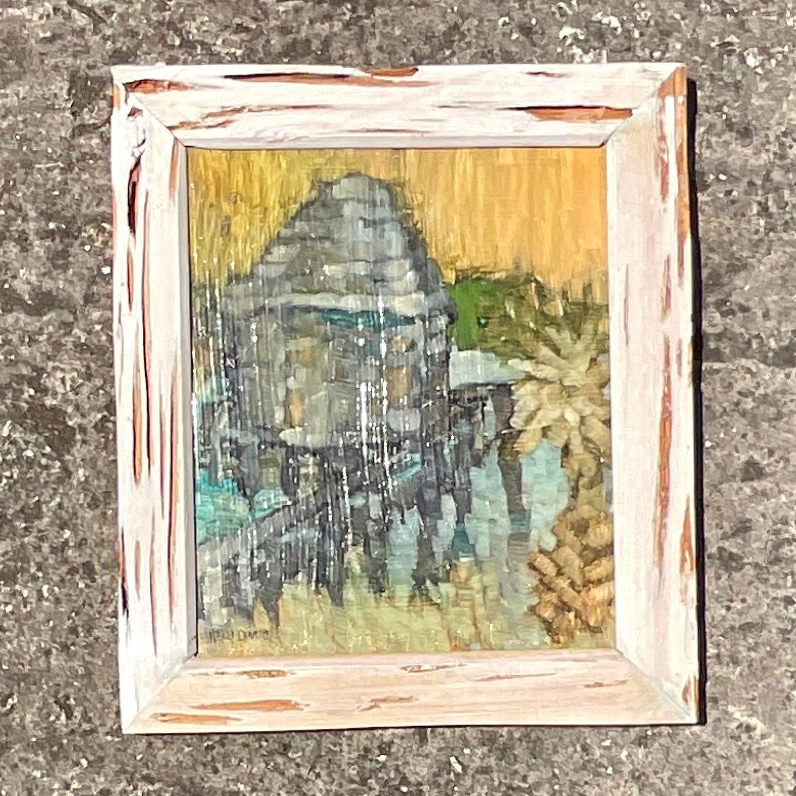 20th Century Vintage Boho Original Oil Painting on Board With Cypress Frame For Sale