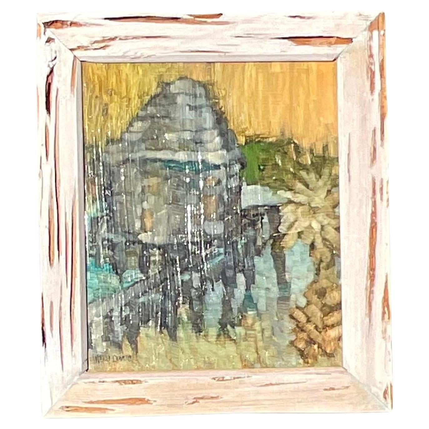 Vintage Boho Original Oil Painting on Board With Cypress Frame For Sale