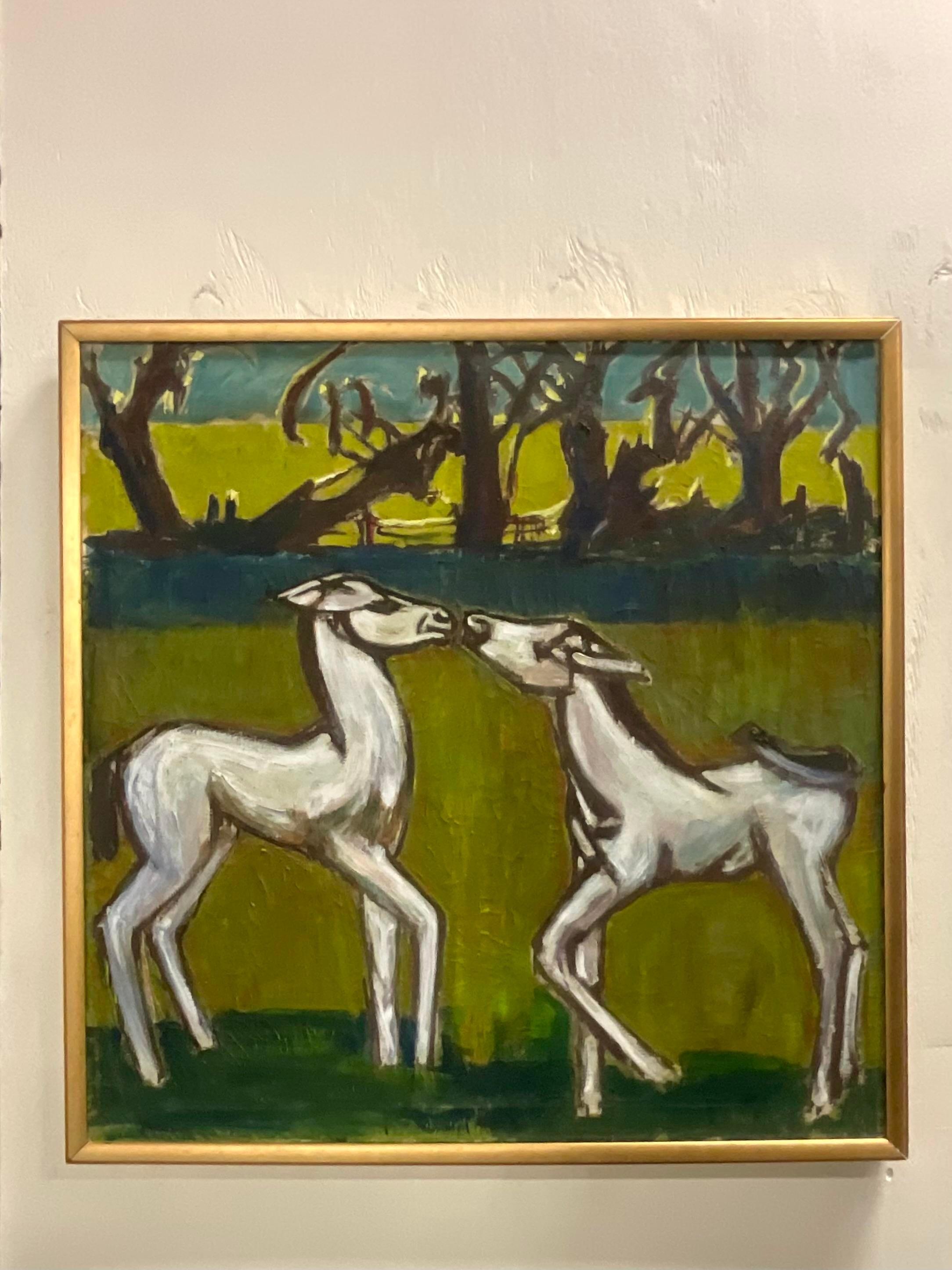 A fabulous vintage Boho original oil painting on canvas. Two white calves on a brilliant green background. Acquired from a Palm Beach estate.