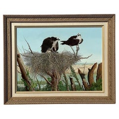 Vintage Boho Original Oil Painting on Canvas of Nesting Ospreys