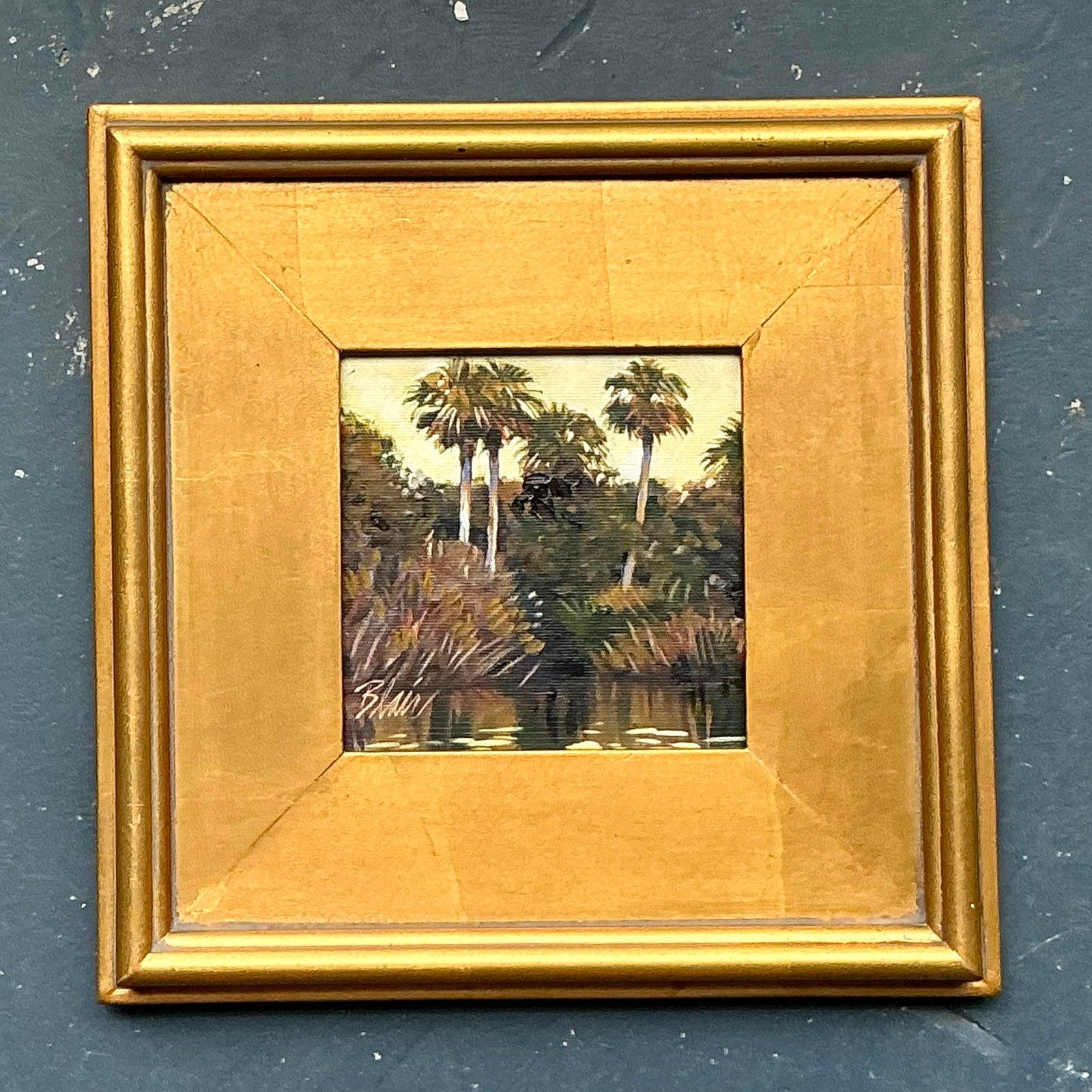 Halten Sie die ungezähmte Schönheit der Feuchtgebiete Floridas mit diesem exquisiten Original-Ölgemälde im Vintage-Stil fest. Der Künstler stellt meisterhaft eine ruhige Everglades-Szene dar, in der sich majestätische Palmen über üppiges Laub