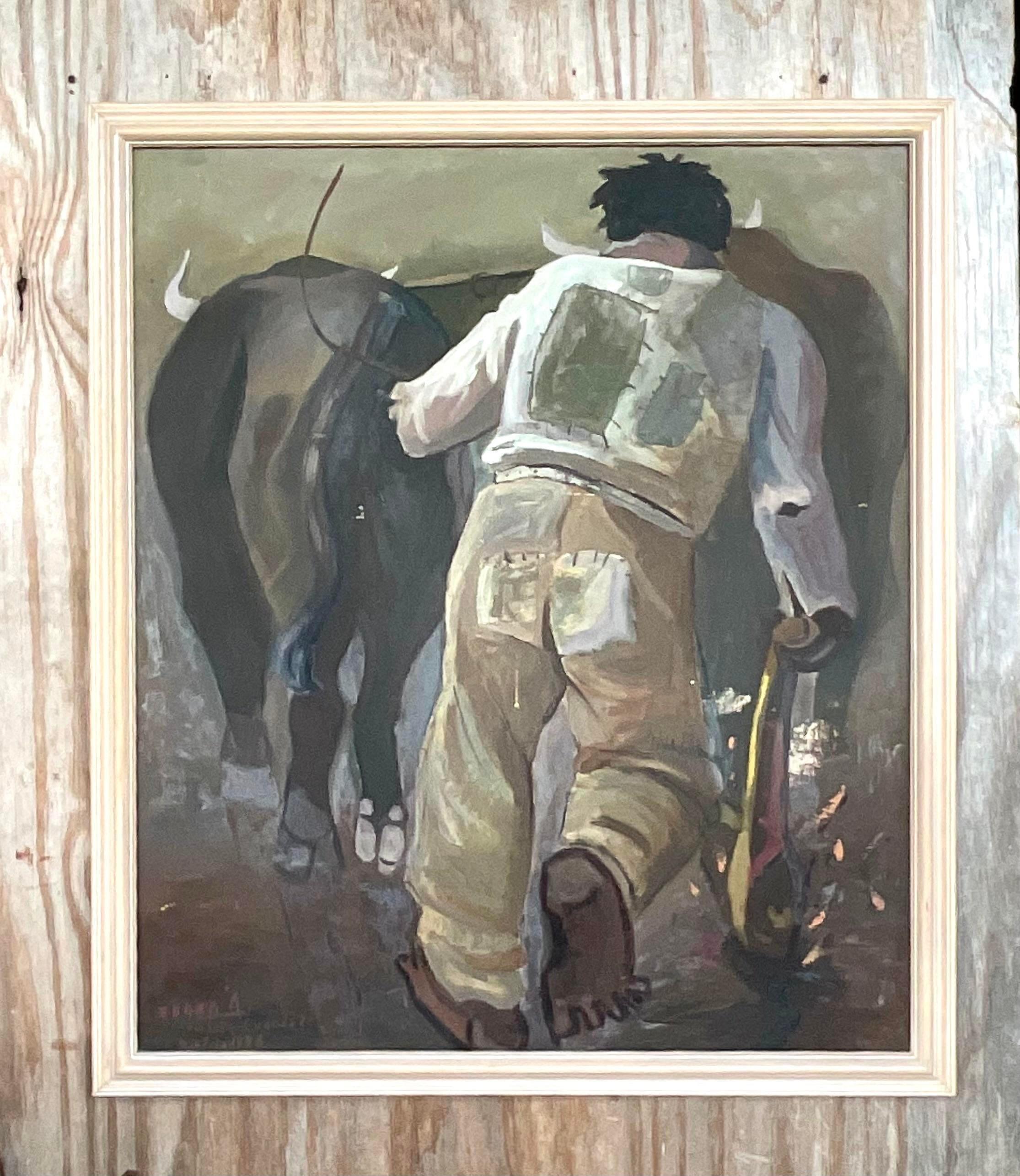 A fantastic vintage Boho original oil painting. A chic total composition of a man and his cattle. Signed by the Bolivian artist Alvarado and dated 1985. Acquired from a Palm Beach estate. 