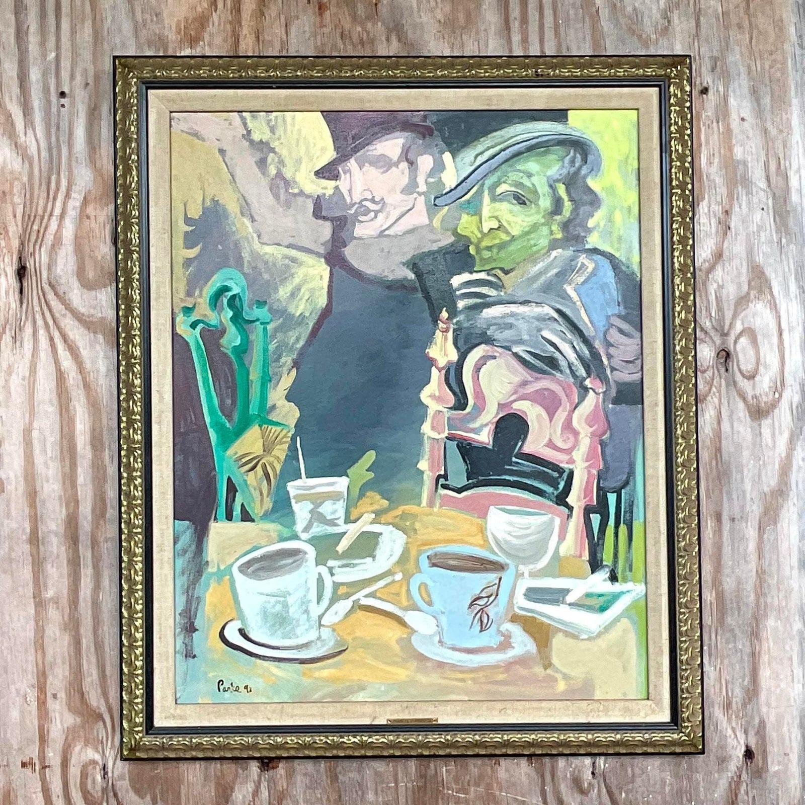 A sensational vintage Boho original oil painting. A brilliant compassions of an interior Figural in bright clear colors. Signed by the artist Parks. Acquired from a Palm Beach estate.