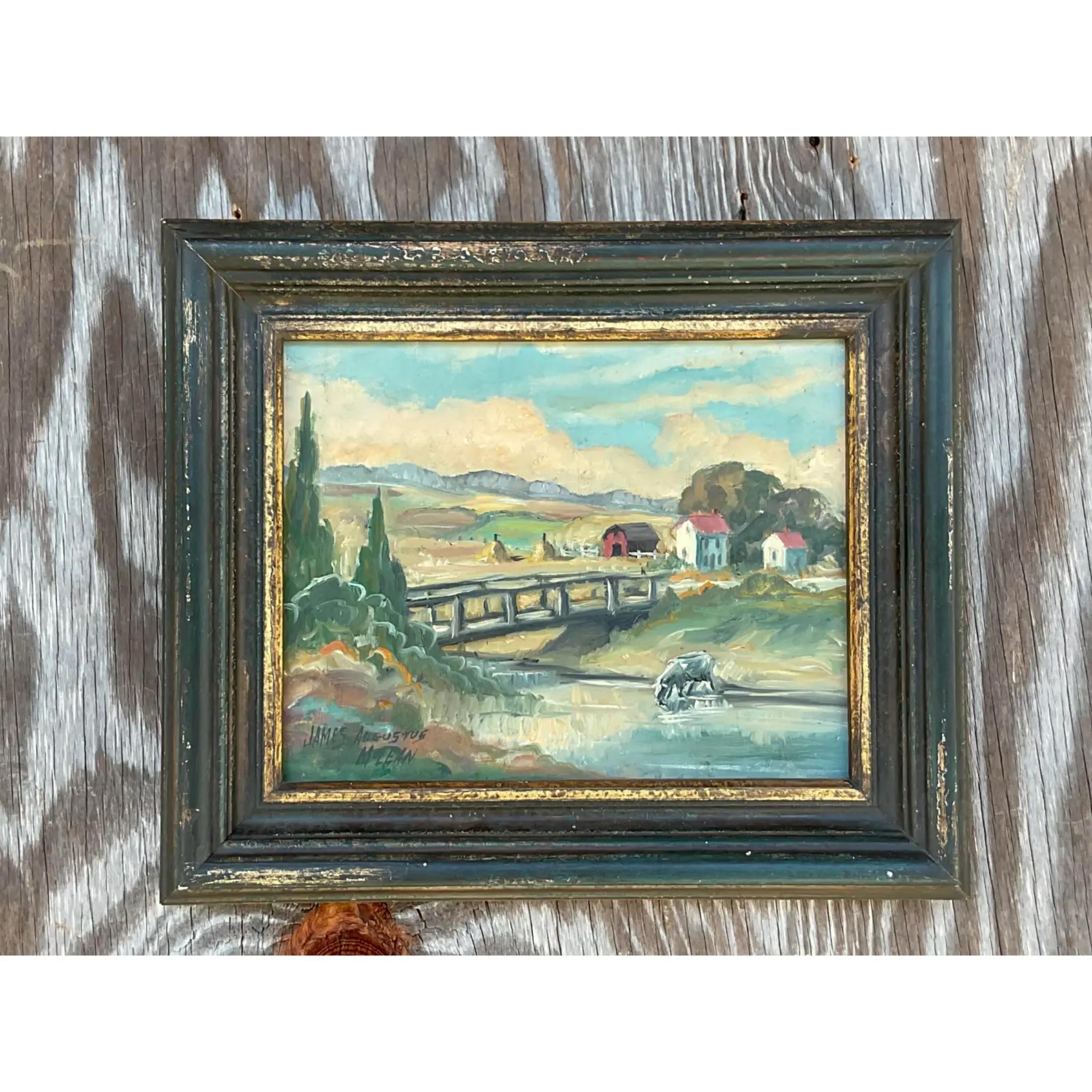 Un fantástico óleo original Boho vintage. Un hermoso paisaje pastoral del artista James Augustus McLean. Un verdadero hijo del sur. Firmado. Adquirida a una finca de Palm Beach.