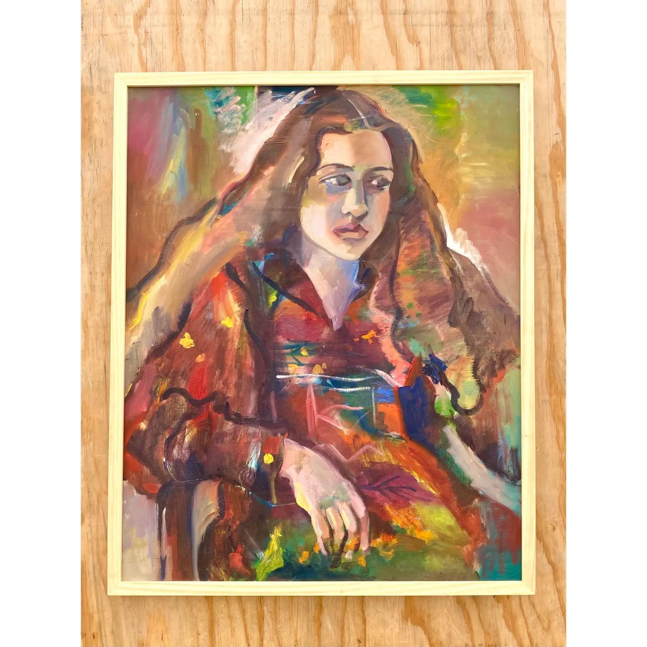 Fantastique peinture à l'huile Boho vintage. Une belle composition d'une jeune femme aux cheveux longs. Brillantes touches picturales avec des couleurs riches et profondes. Acquis d'une propriété de Palm Beach.