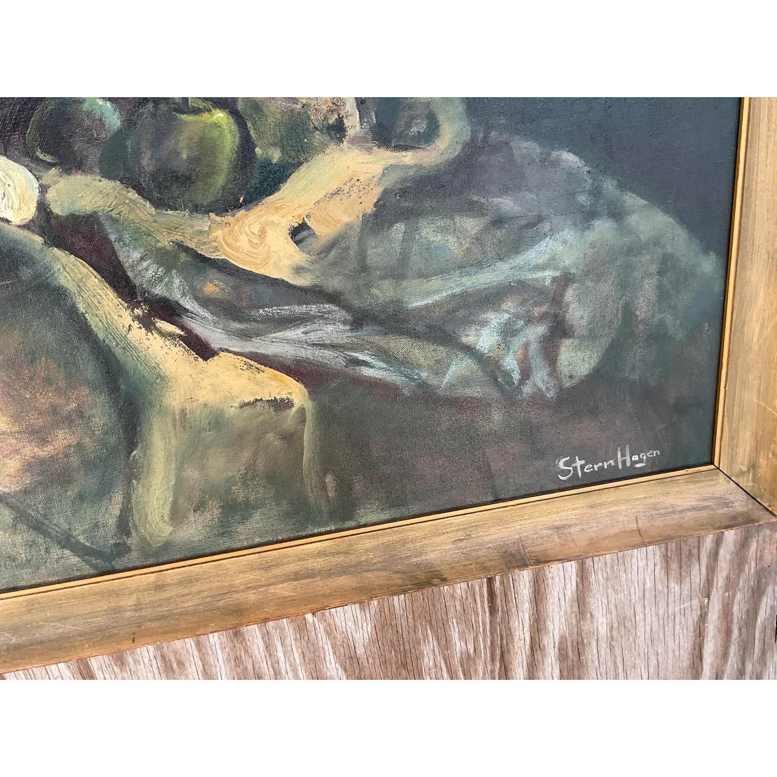Fantastic vintage original oil painting. A moody still life in a beautiful painterly style. Signed by the artist SternHagen. Acquired from a Palm Beach estate.