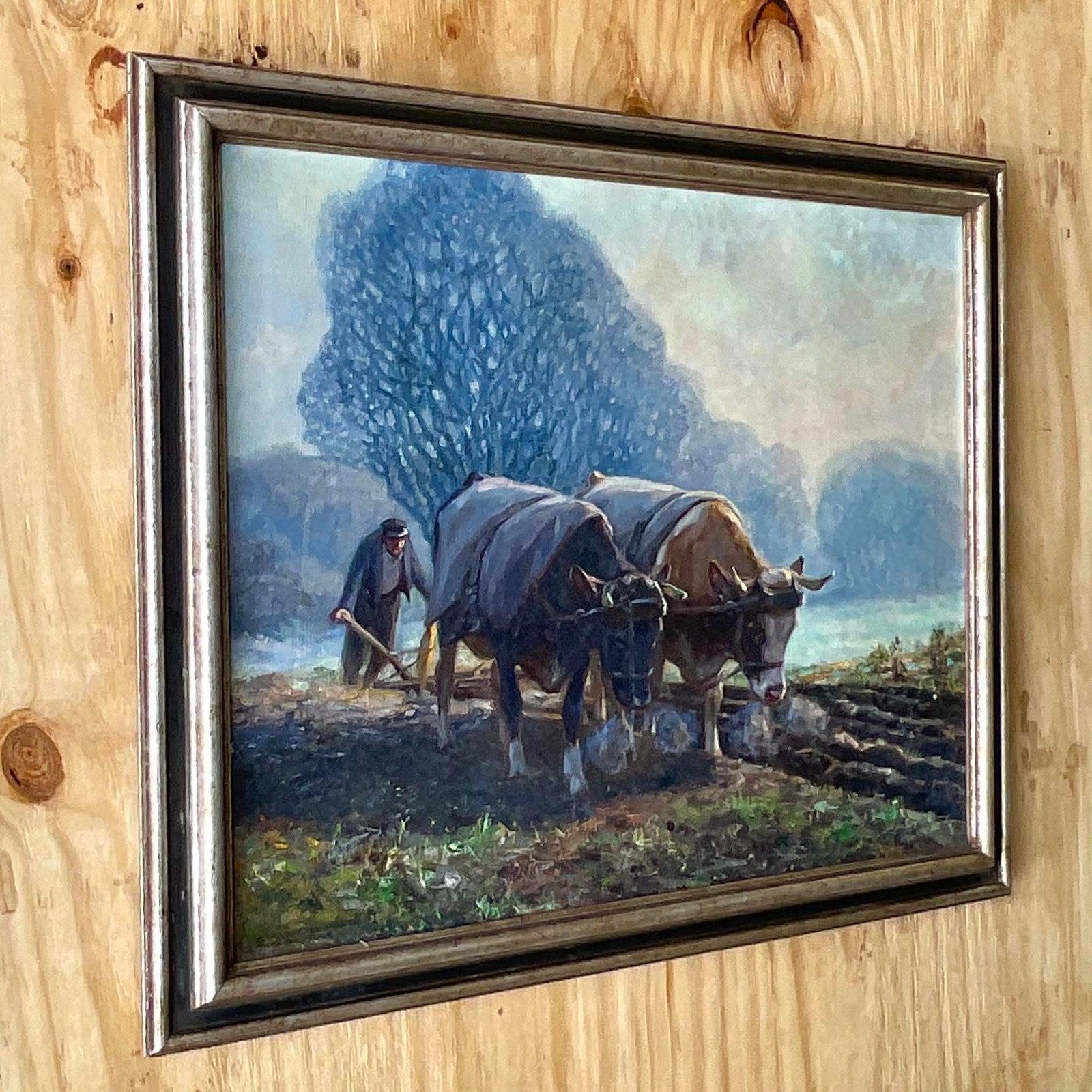 A fabulous vintage Boho original oil painting on canvas. A masterful composition by the artist Eugen Osswald. A quiet piece with two large bulls in a pastoral setting. A brilliant work in pale blues, browns and greens. A highly collectible artist