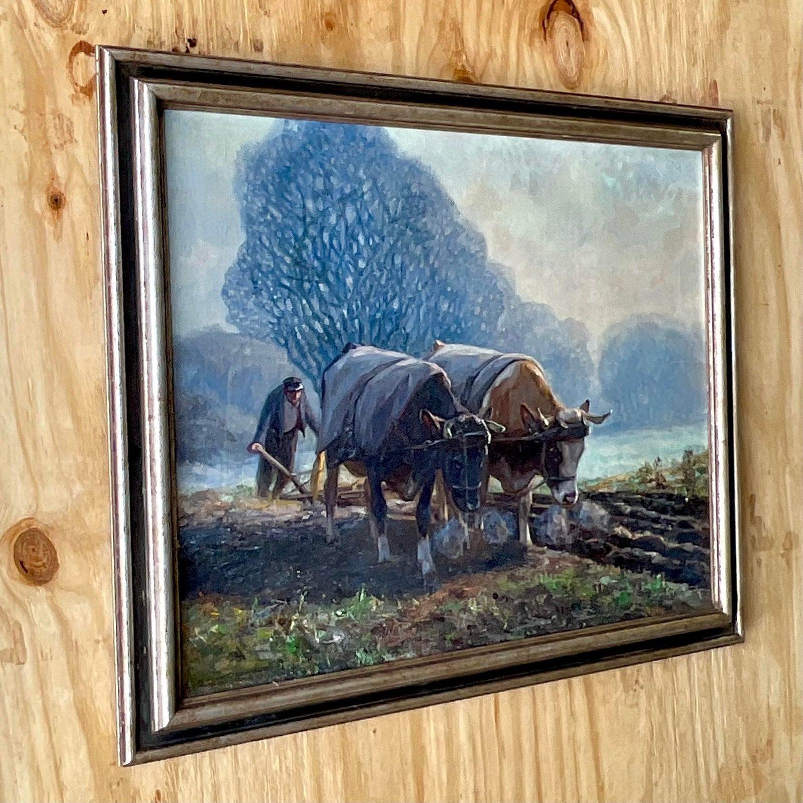 Vintage Boho Original Oil Pastoral Painting Signed Eugen Osswald For Sale 3