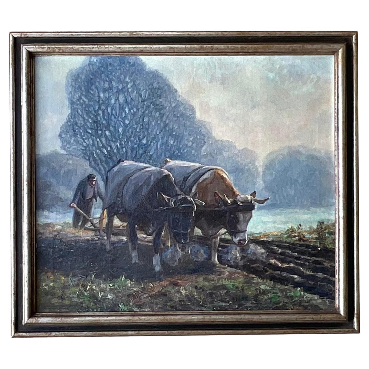 Vintage Boho Original Oil Pastoral Painting Signed Eugen Osswald For Sale