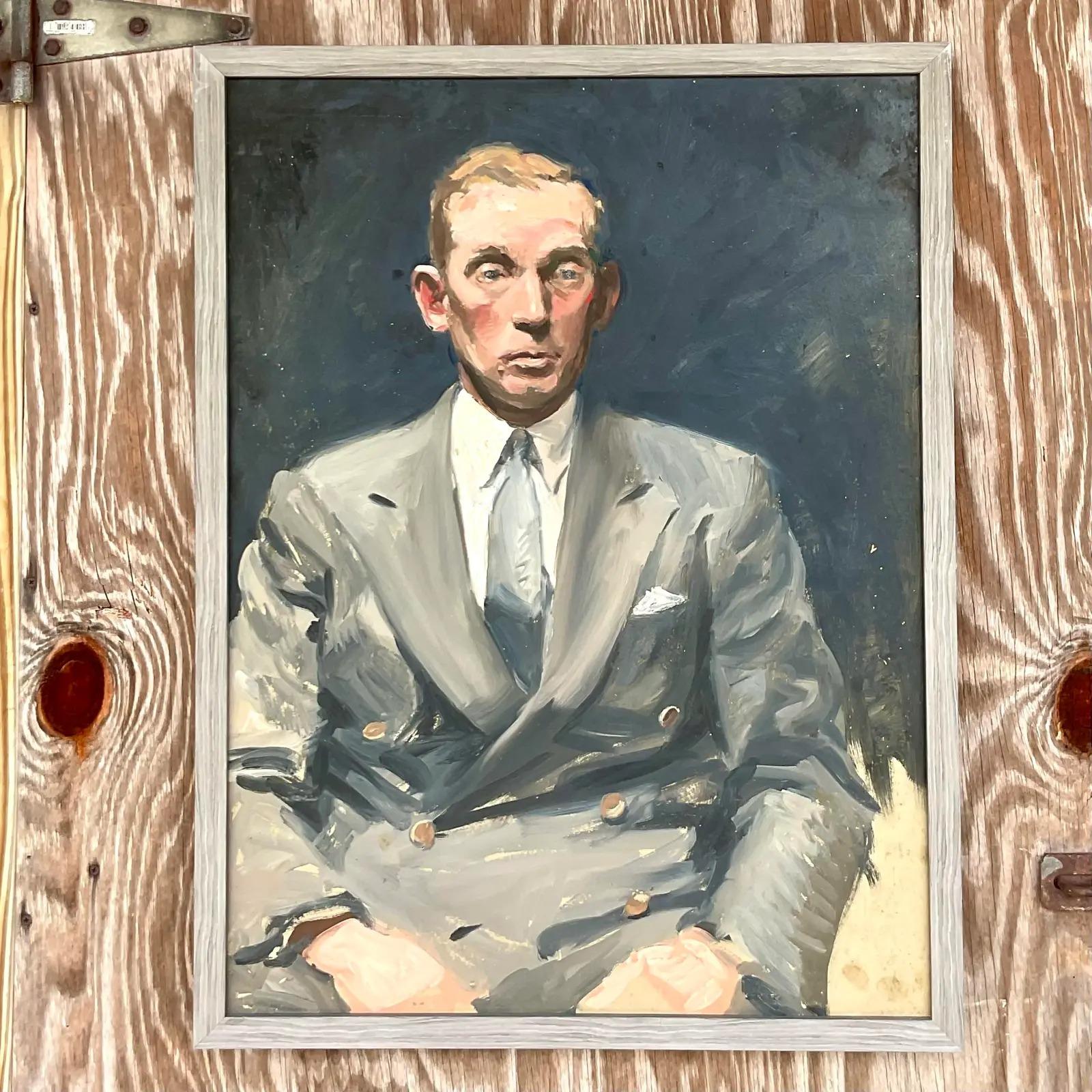 Fantastic vintage Boho original oil portrait on board. A chic study in grey of a fine gentleman. Beautiful impressionist style with a very painterly look. Unsigned. Acquired from a Palm Beach estate.