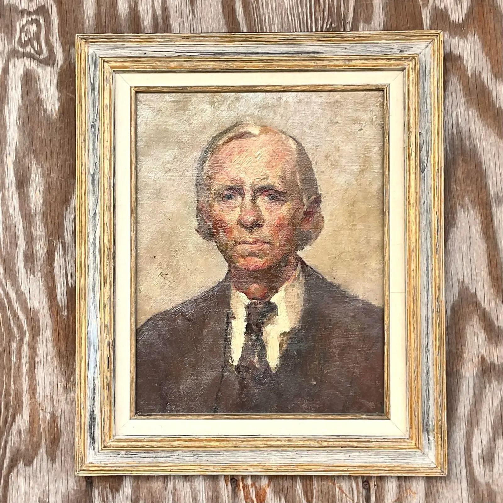 A fabulous vintage Boho original oil painting. A chic portrait of a fine gentleman. Unsigned. Acquired from a Palm Beach estate.