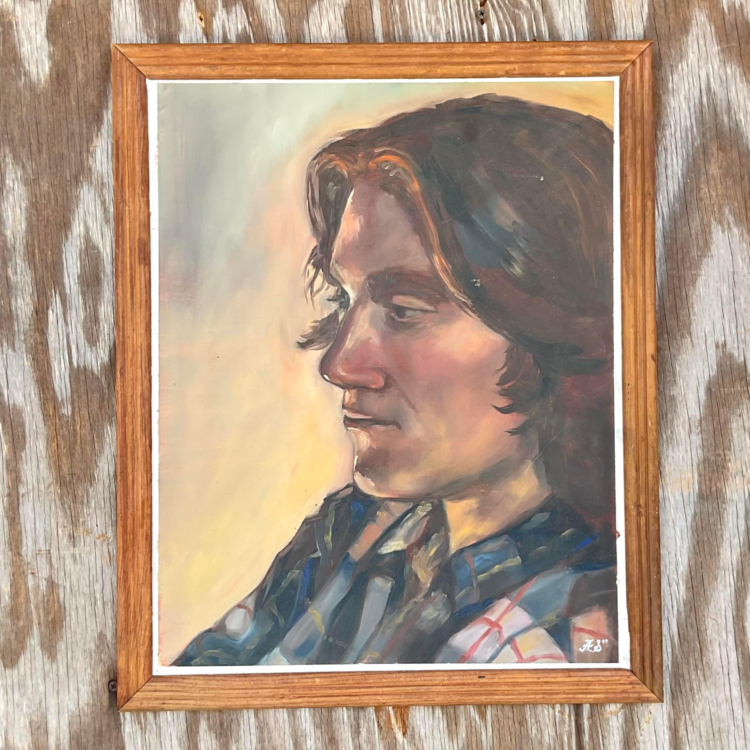 Fantastic vintage oil portrait of man. Beautiful painterly composition in rich, warm colors. Signed by the artist. Acquired from a Palm Beach estate. 