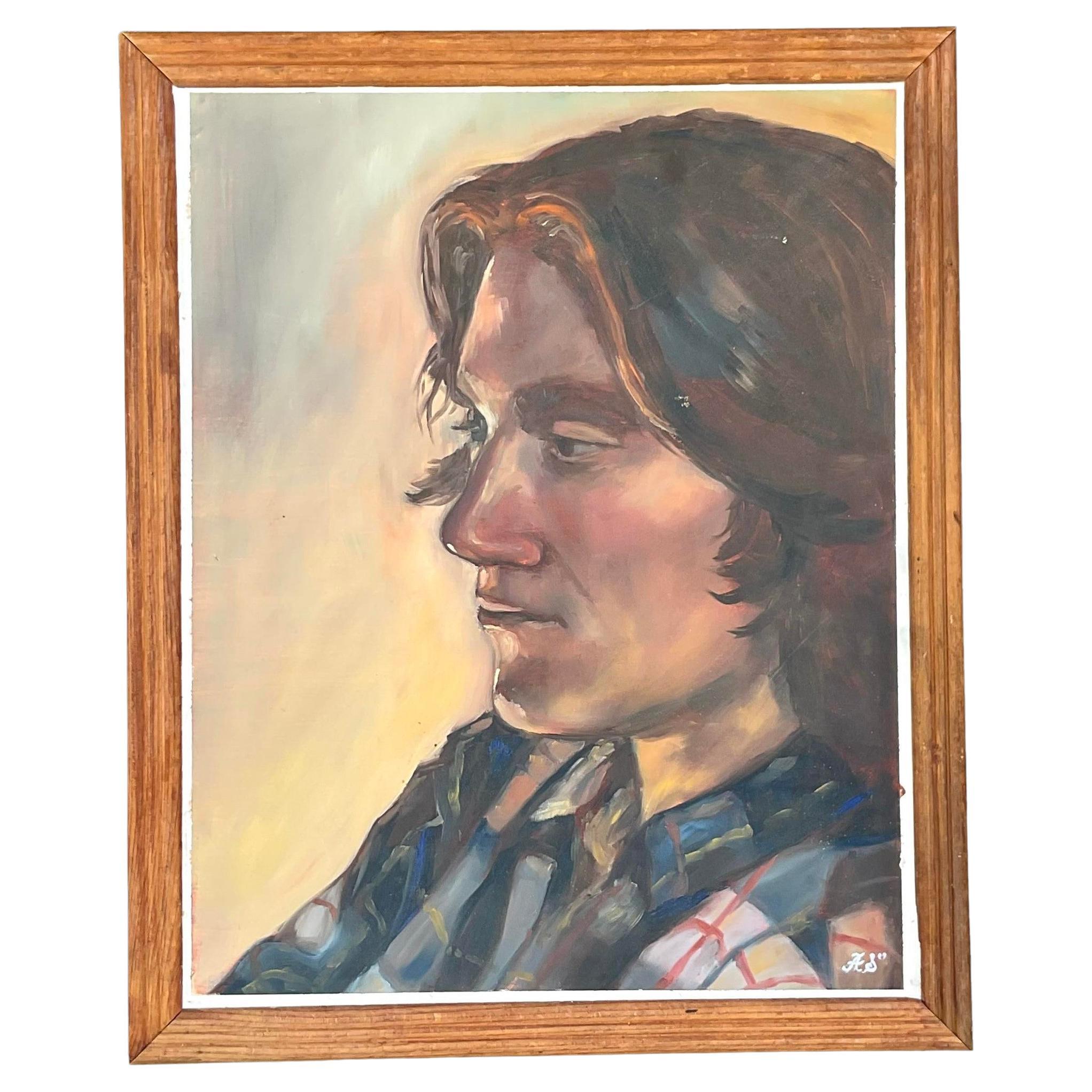 Vintage Boho Original Oil Portrait of Man For Sale