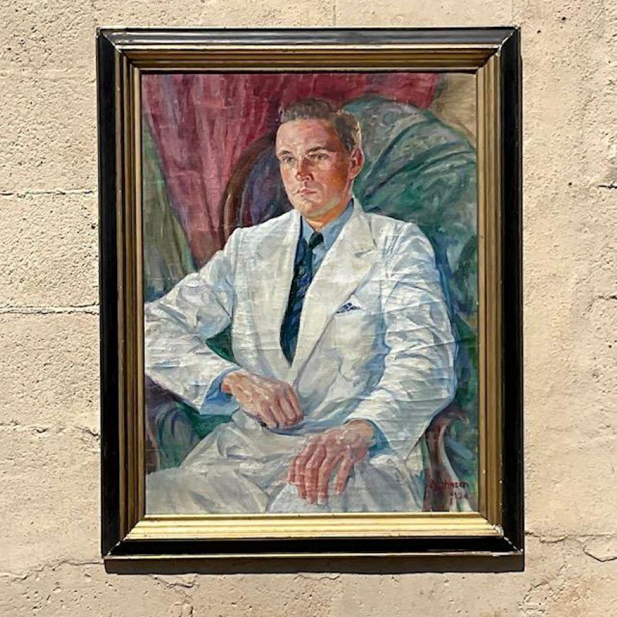 American Classical Vintage Boho Original Oil Portrait of Man in White Suit For Sale