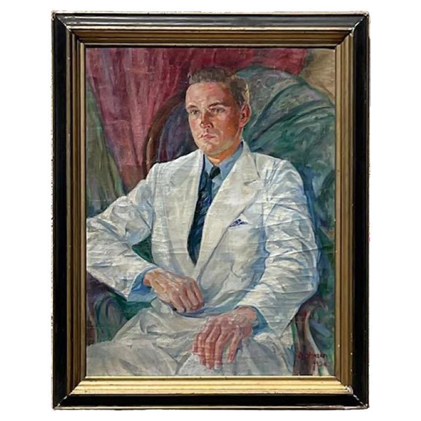 Original Vintage Boho Original Ölporträt eines Mannes in weißem Anzug, Vintage im Angebot