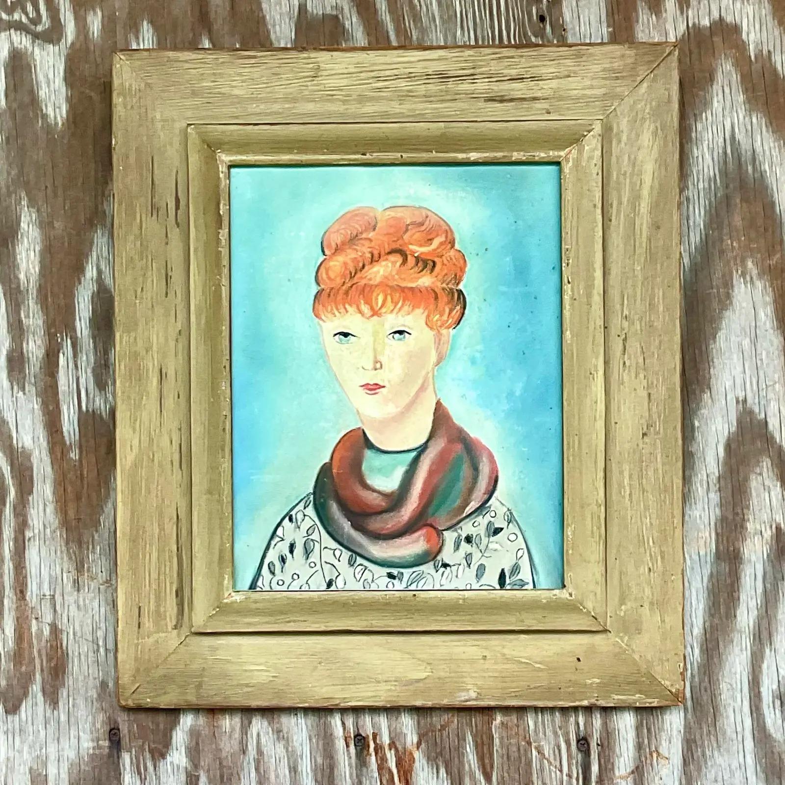 An exceptional vintage Original oil on canvas. A beautiful period composition of a stylish woman. Amazing color study. Acquired from a Palm Beach estate.

The painting is in great vintage condition. Minor scuffs and blemishes appropriate to its