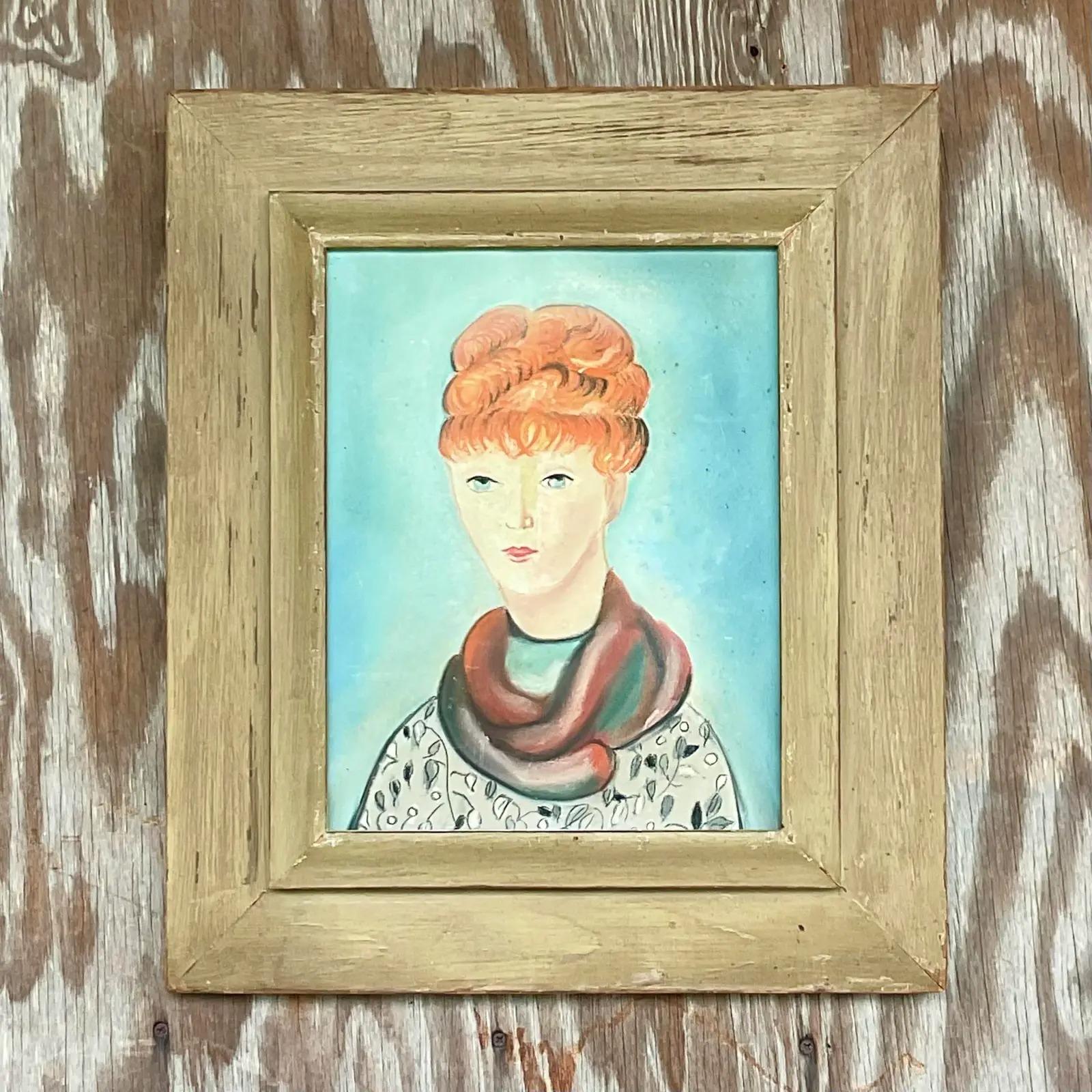 Vintage Boho Original Oil Portrait of Woman In Good Condition For Sale In west palm beach, FL