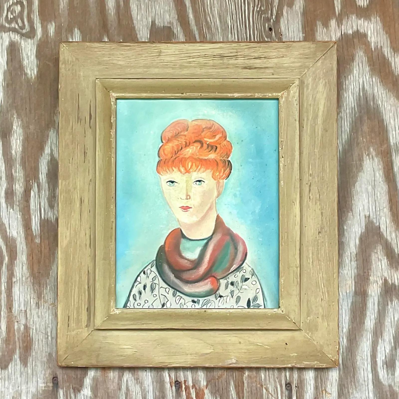 20th Century Vintage Boho Original Oil Portrait of Woman For Sale