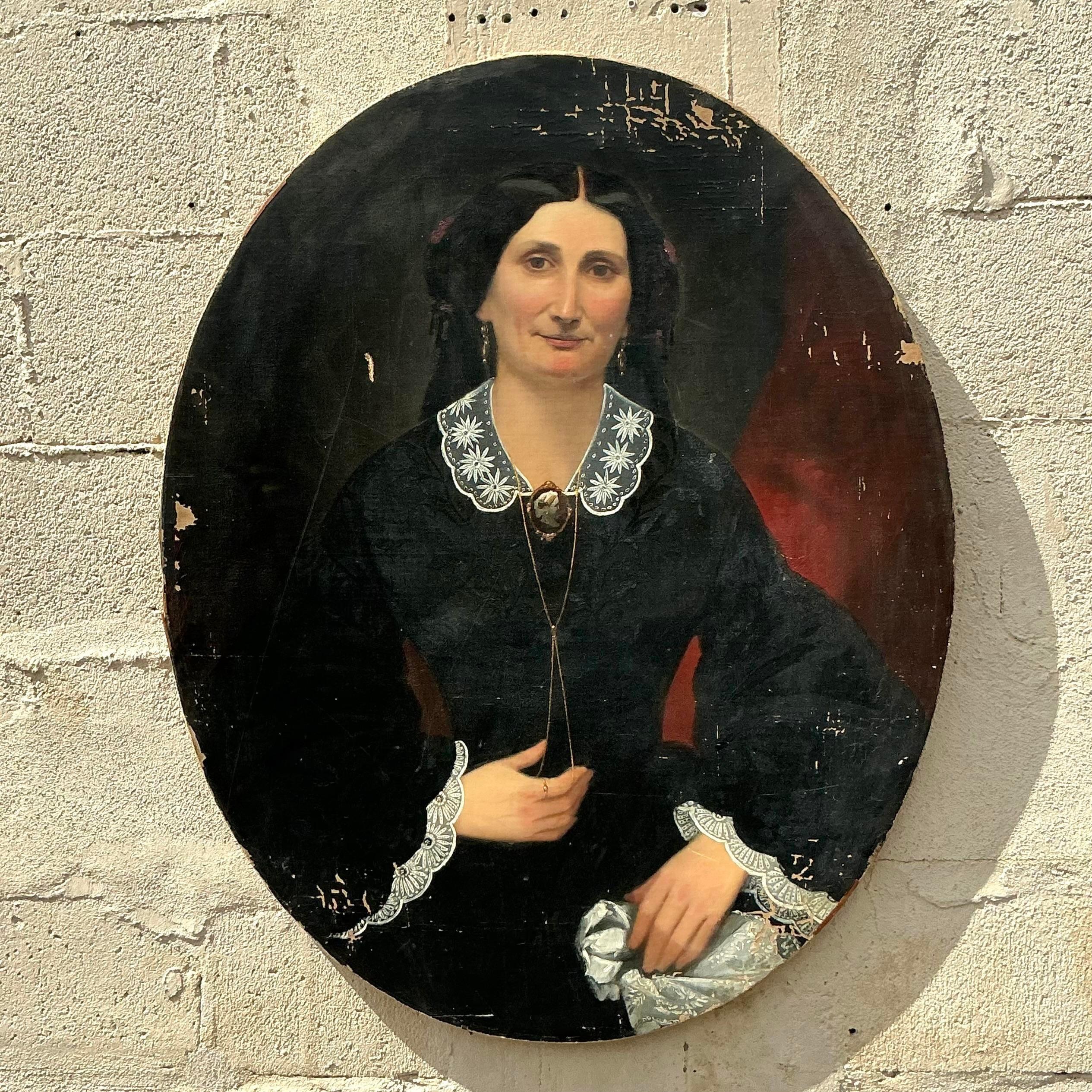 Vintage Boho Original Oil Portrait of Woman For Sale at 1stDibs
