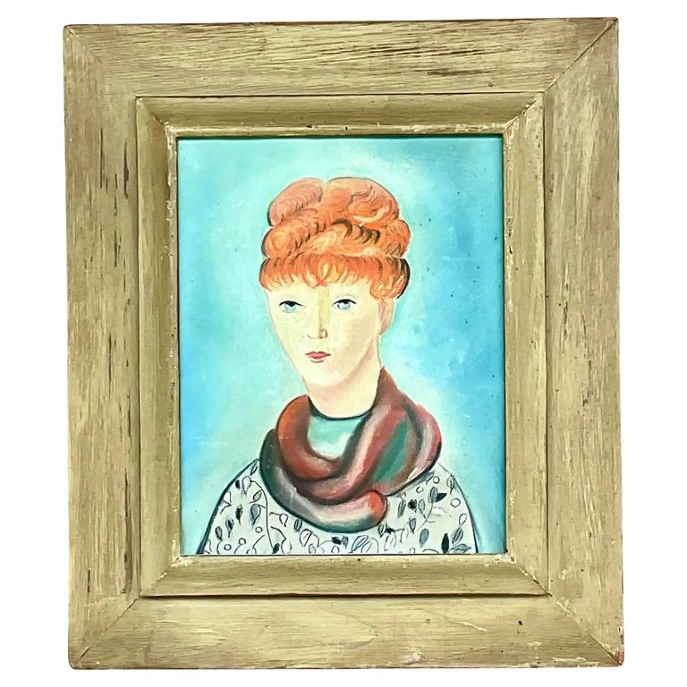 Vintage Boho Original Oil Portrait of Woman For Sale at 1stDibs