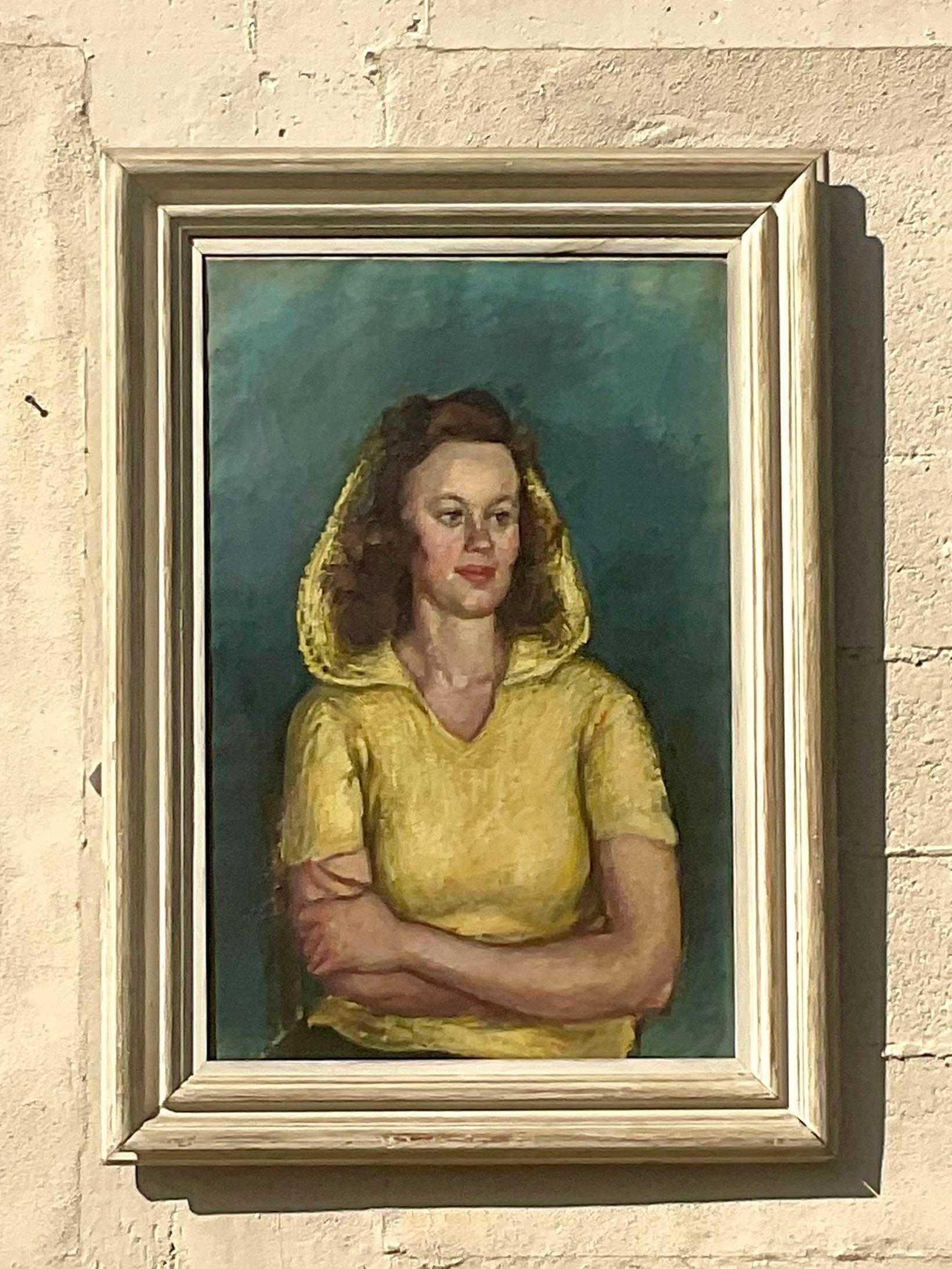 A stunning vintage MCM original oil portrait. A chic composition of a woman in a yellow hood. Done by the artist Simkavitch. Acquired from a Palm Beach estate.