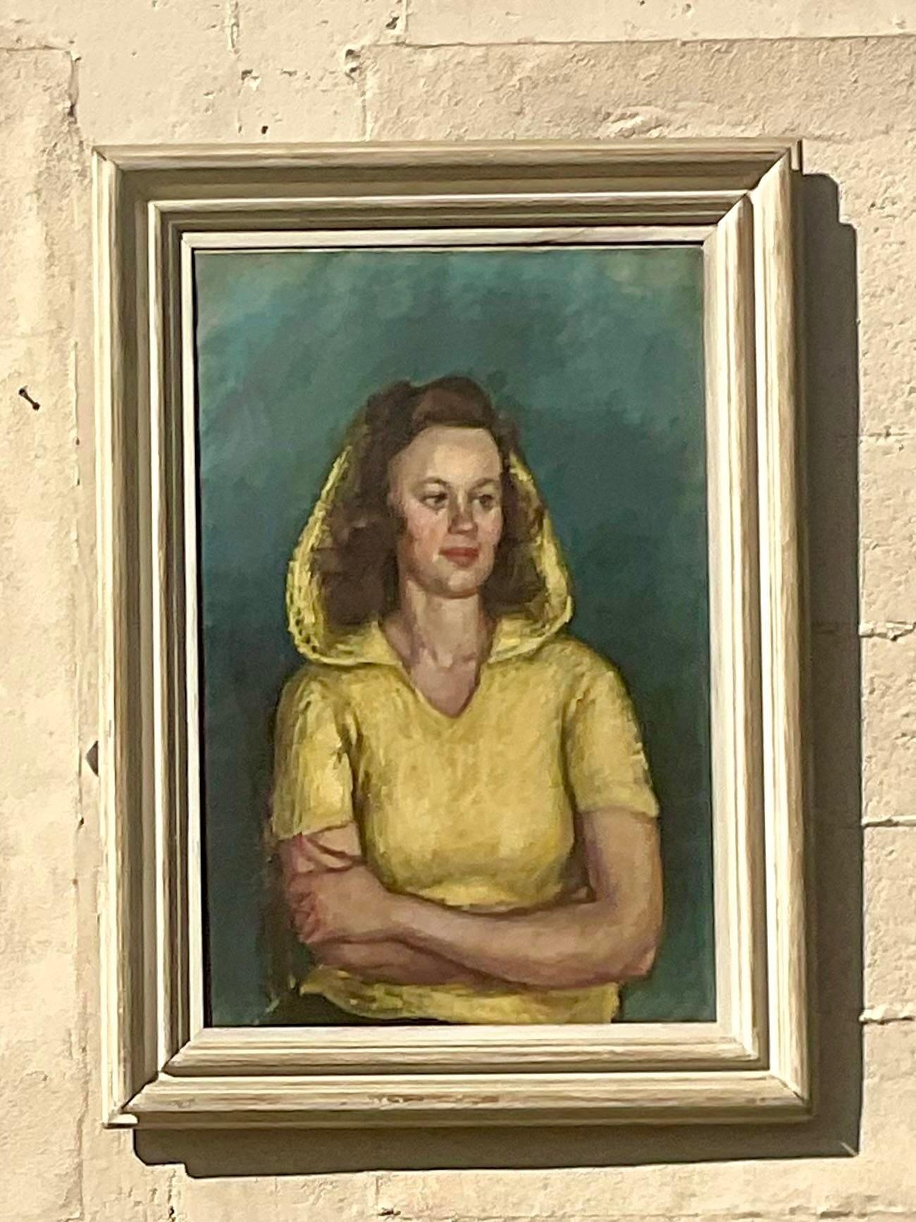 Mid-Century Modern Vintage Boho Original Oil Portrait of Woman in Hood For Sale