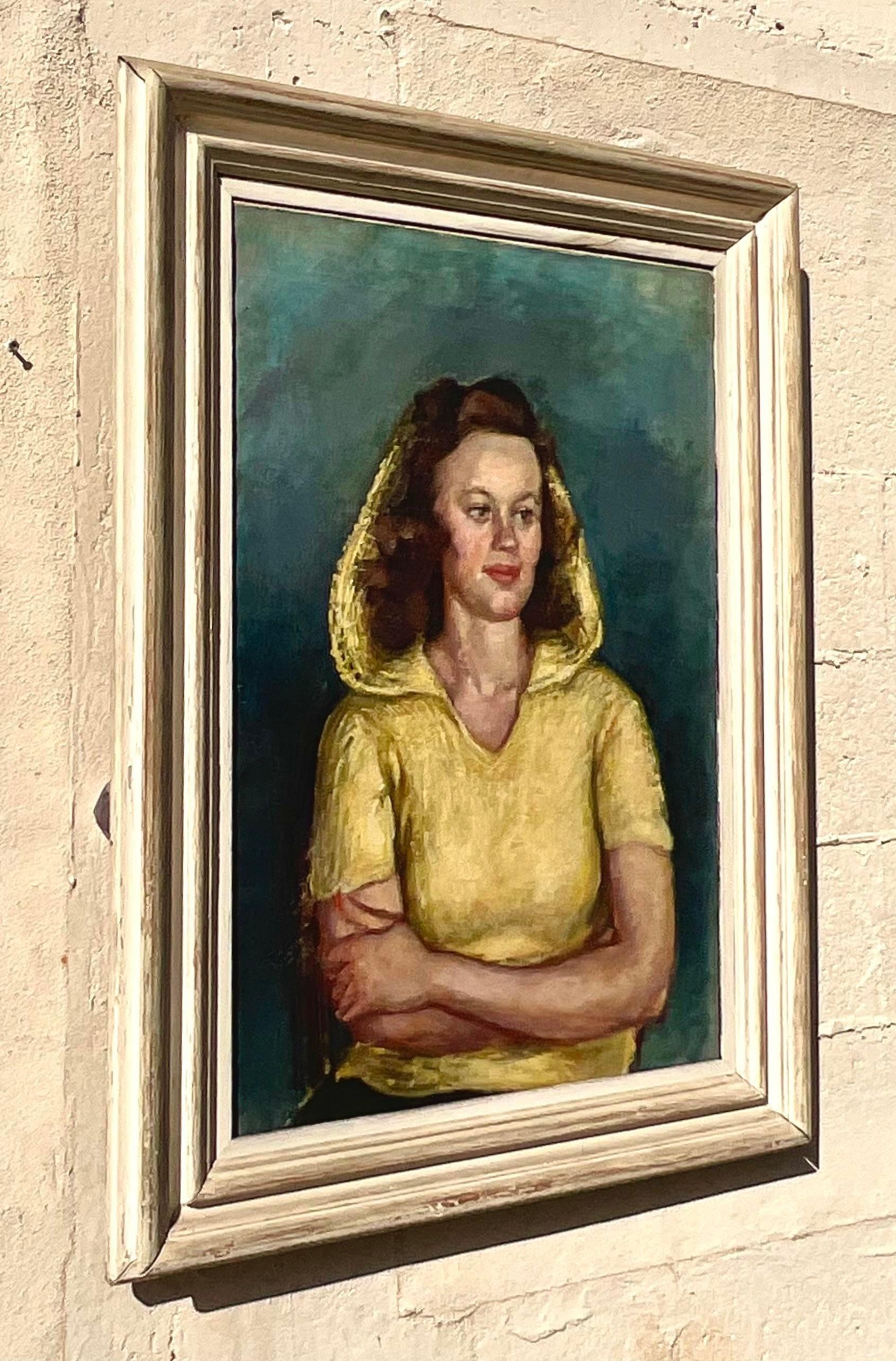 North American Vintage Boho Original Oil Portrait of Woman in Hood For Sale