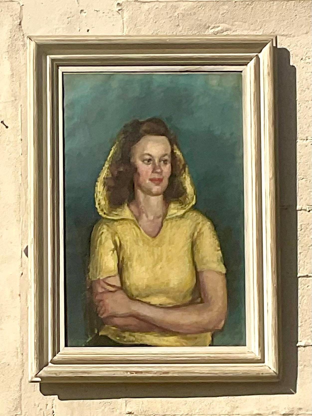 Vintage Boho Original Oil Portrait of Woman in Hood In Good Condition For Sale In west palm beach, FL