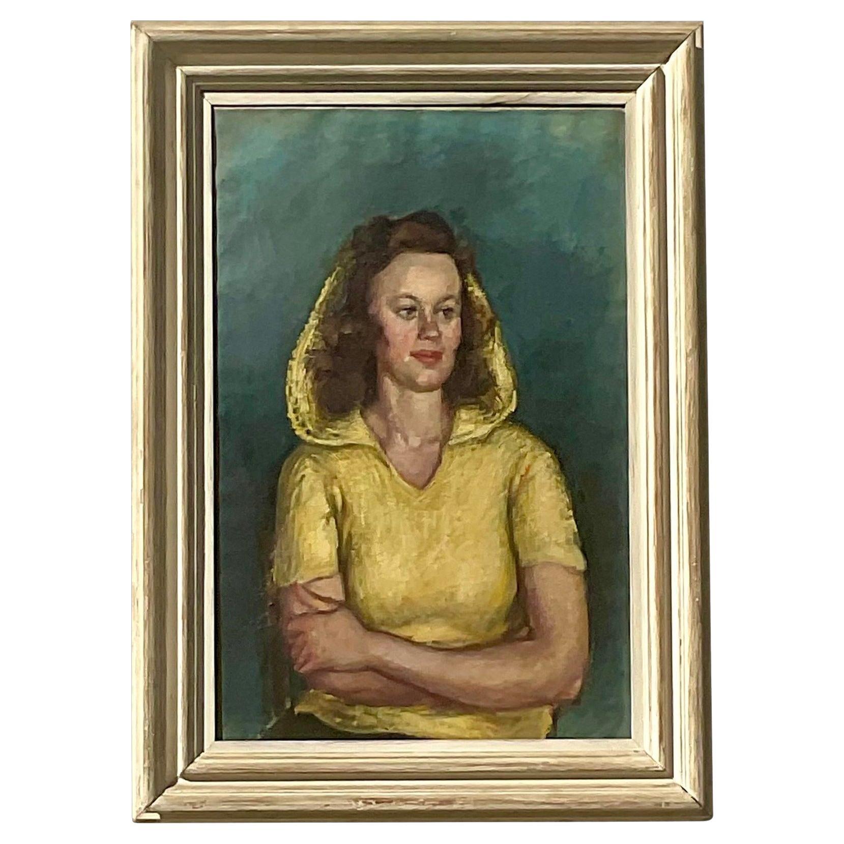 Portrait à l'huile original de femme à capuche bohème vintage