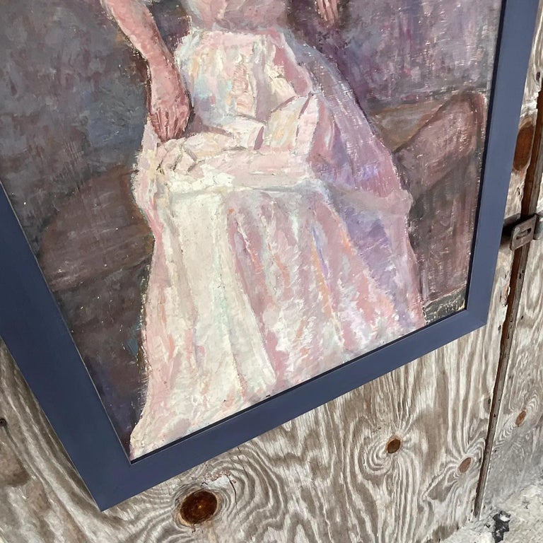 Vintage Boho Original Oil Portrait of Woman in Pink Gown For Sale at ...