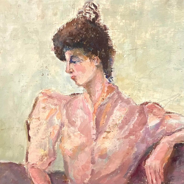 Vintage Boho Original Oil Portrait of Woman in Pink Gown For Sale at ...