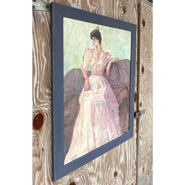 Vintage Boho Original Oil Portrait of Woman in Pink Gown For Sale at ...