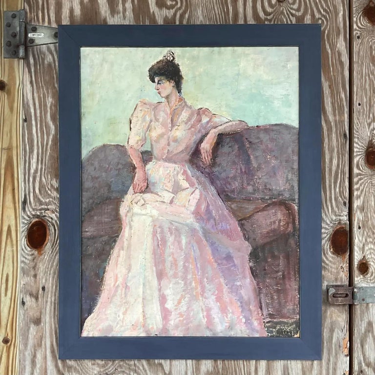Vintage Boho Original Oil Portrait of Woman in Pink Gown For Sale at ...