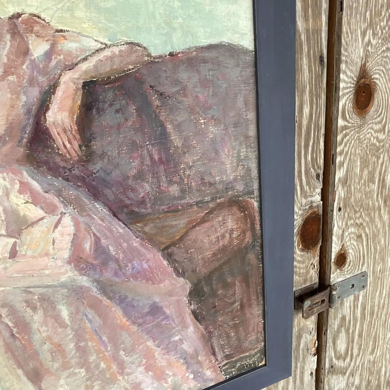 Vintage Boho Original Oil Portrait of Woman in Pink Gown For Sale at ...