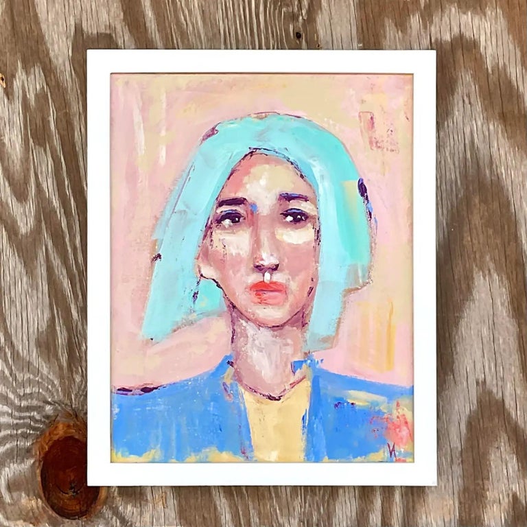 Vintage Boho Original Oil Portrait of Young Woman For Sale at 1stDibs