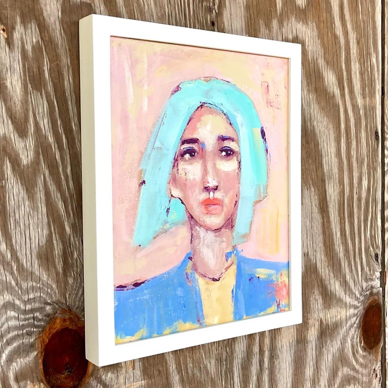 Vintage Boho Original Oil Portrait of Young Woman For Sale at 1stDibs