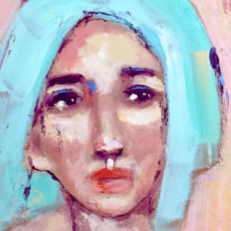 Vintage Boho Original Oil Portrait of Young Woman For Sale at 1stDibs