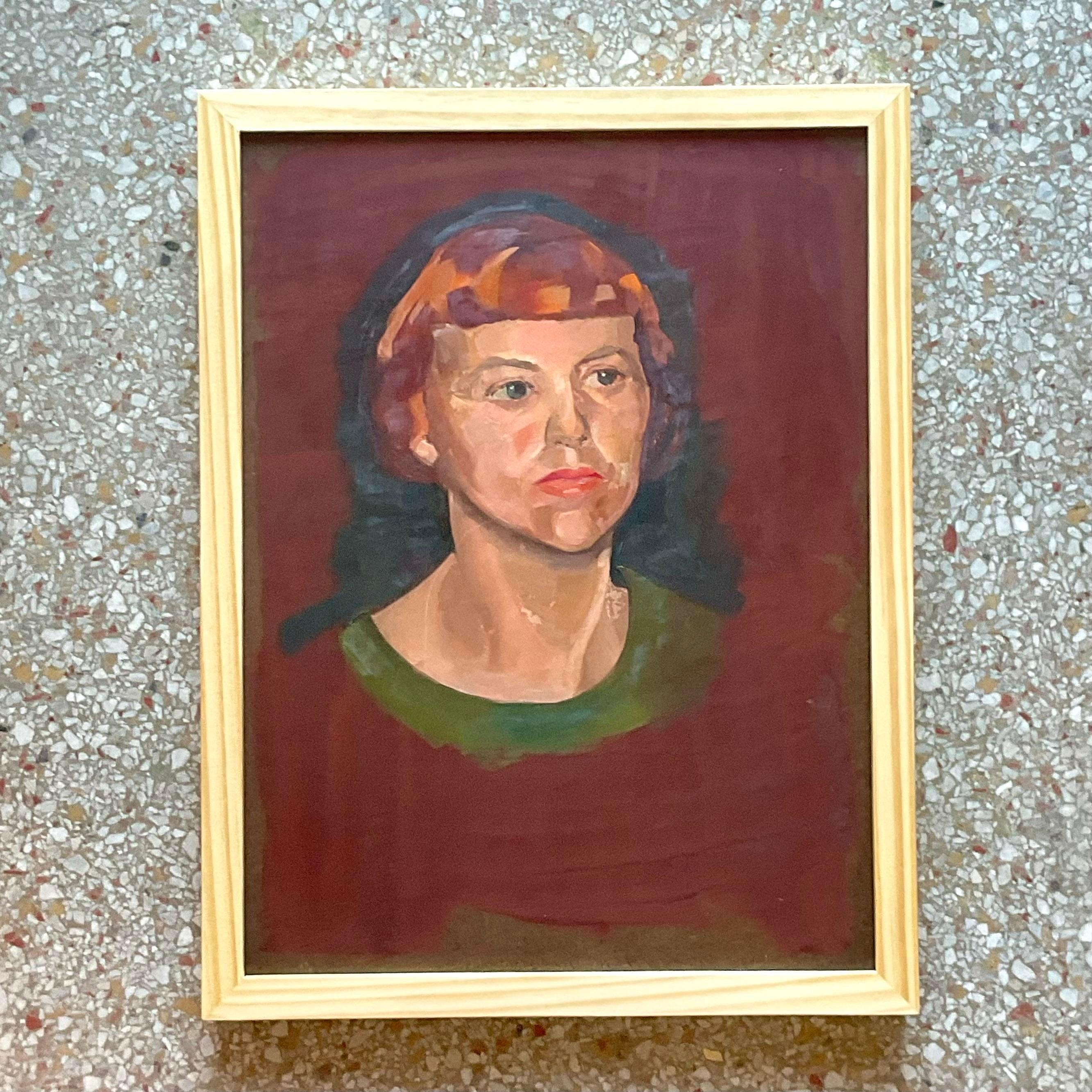 A chic vintage original oil portrait on board. A fabulous painterly composition of a young girl. Acquired from a Palm Beach estate. 