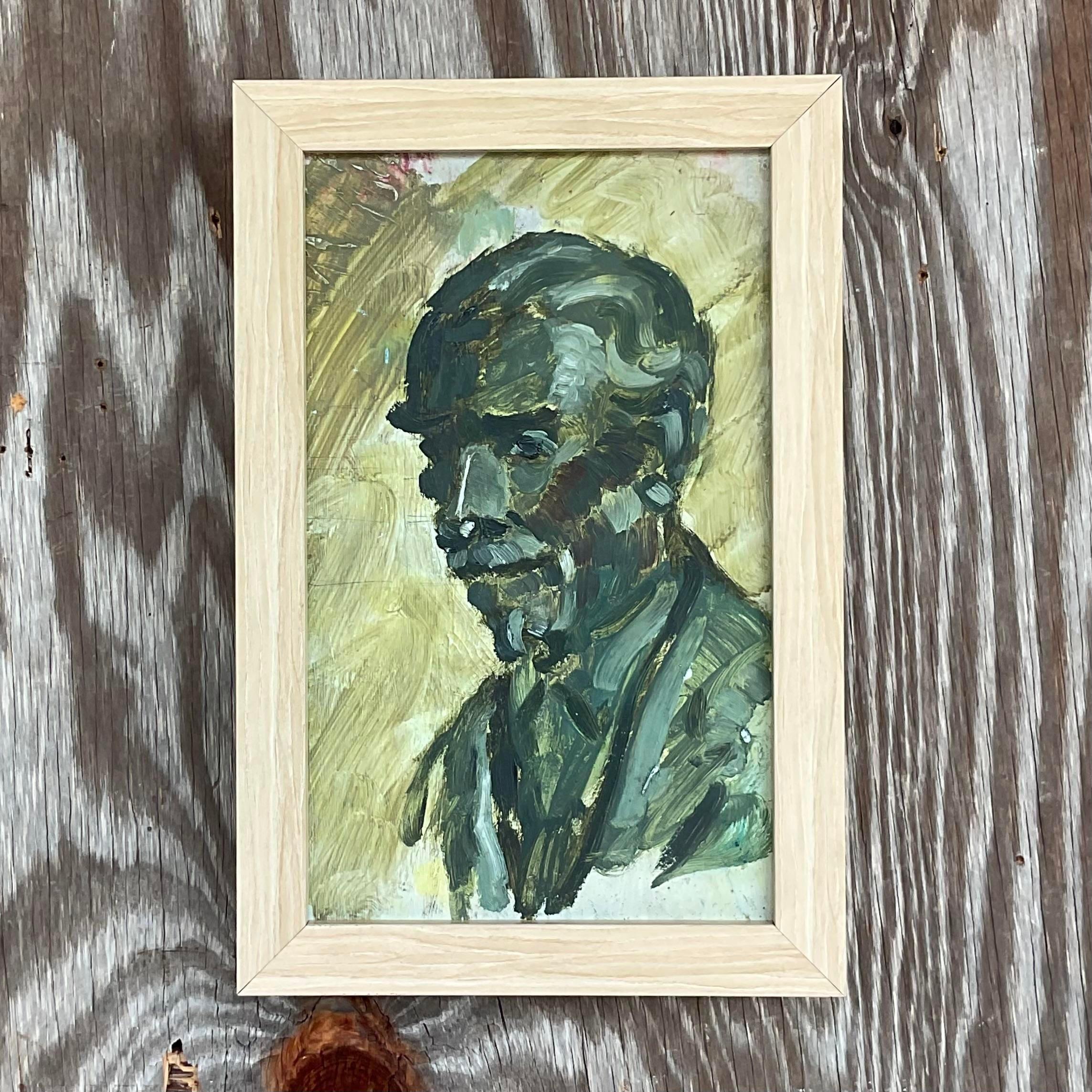 Vintage Boho Original Oil Portrait on Board In Good Condition For Sale In west palm beach, FL