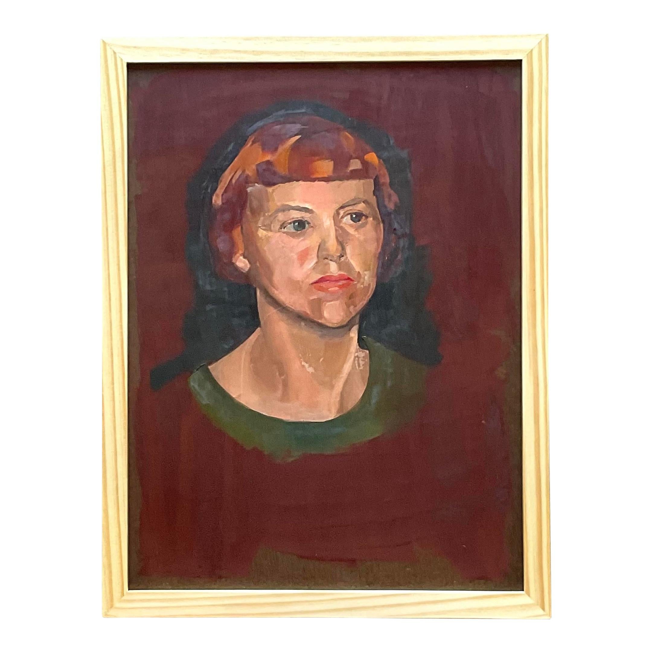 Portrait à l'huile original de Boho vintage sur carton Bon état - En vente à west palm beach, FL