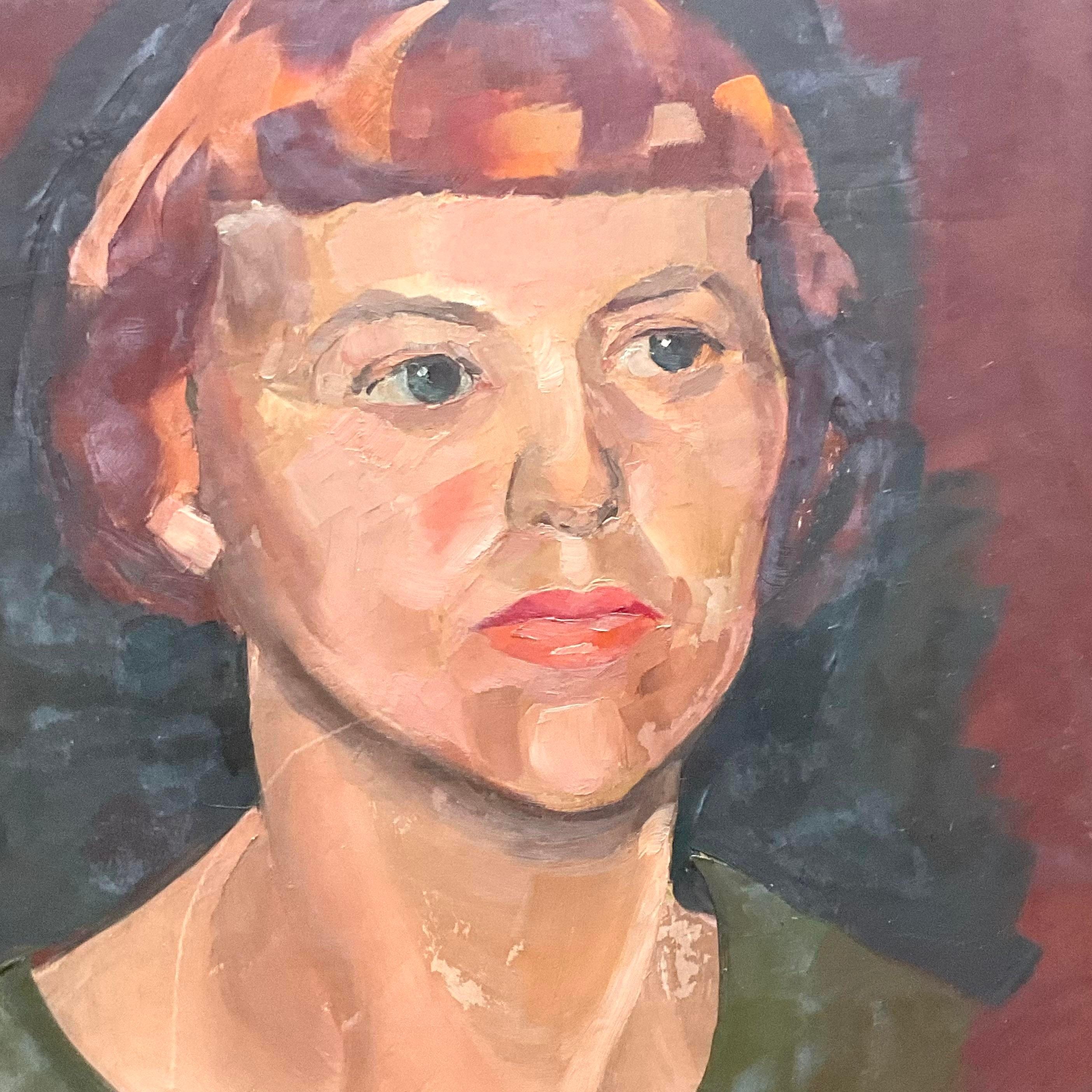 20ième siècle Portrait à l'huile original de Boho vintage sur carton en vente