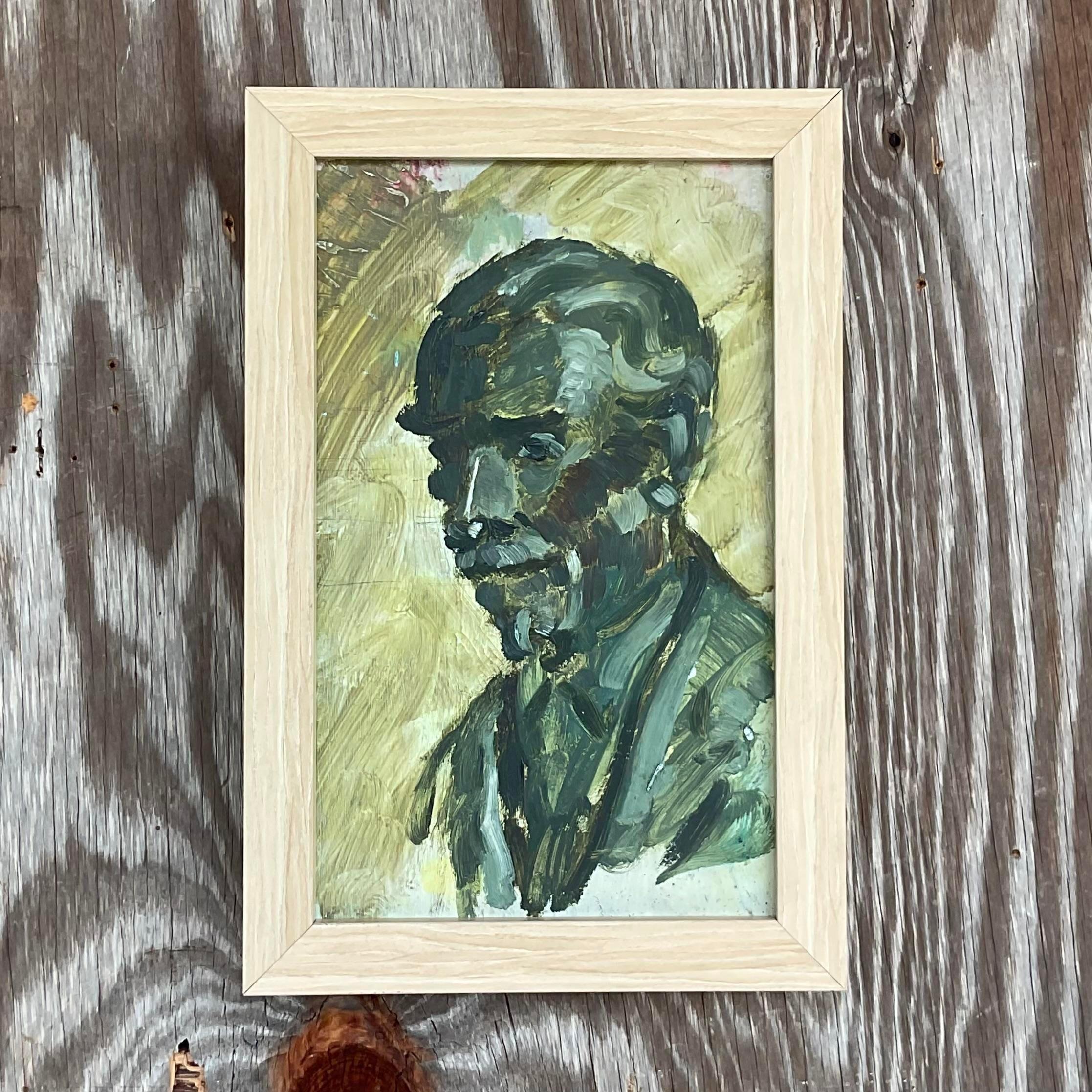 Wood Vintage Boho Original Oil Portrait on Board For Sale