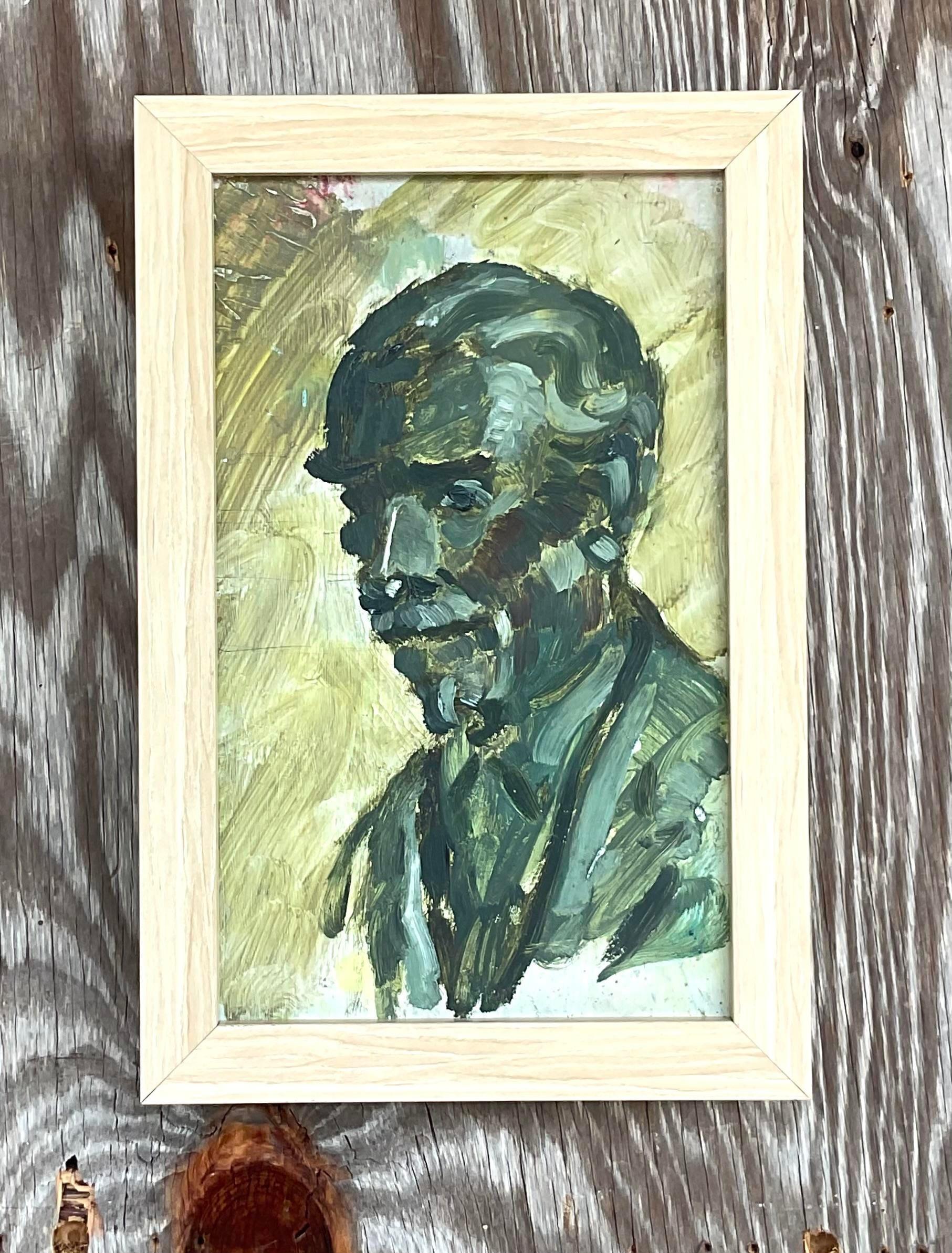 Vintage Boho Original Oil Portrait on Board For Sale 1