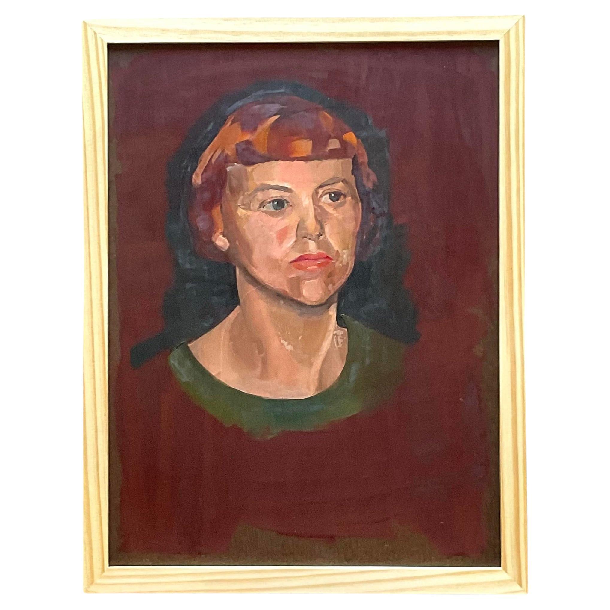 Portrait à l'huile original de Boho vintage sur carton en vente